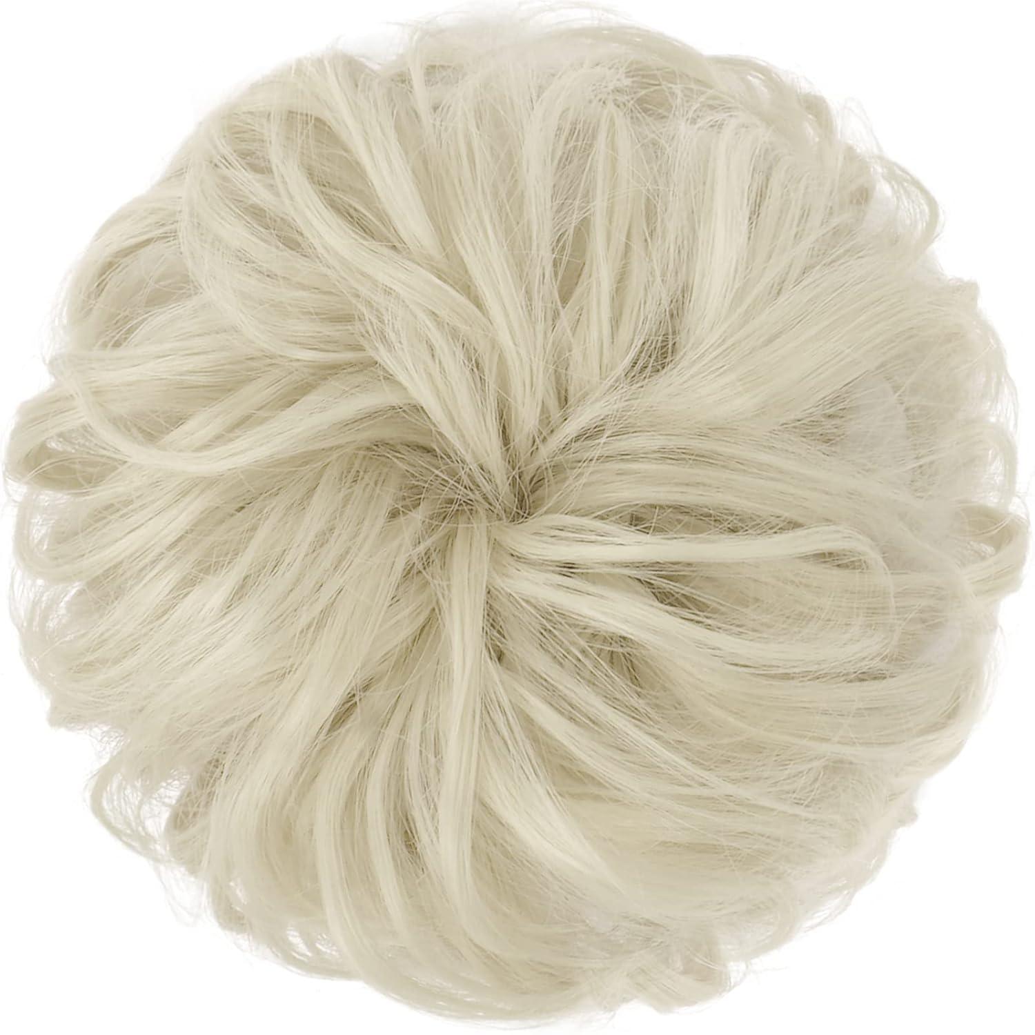 imageFESHFEN Messy Bun Hair Piece Wavy Synthetic Chignon Scrunchies for Instant Volume Elastic Bun Ponytail Hair Extensions Thick Hairpieces for Women Black Gray and White Tips 150 oz60 Ash Platinum Blonde