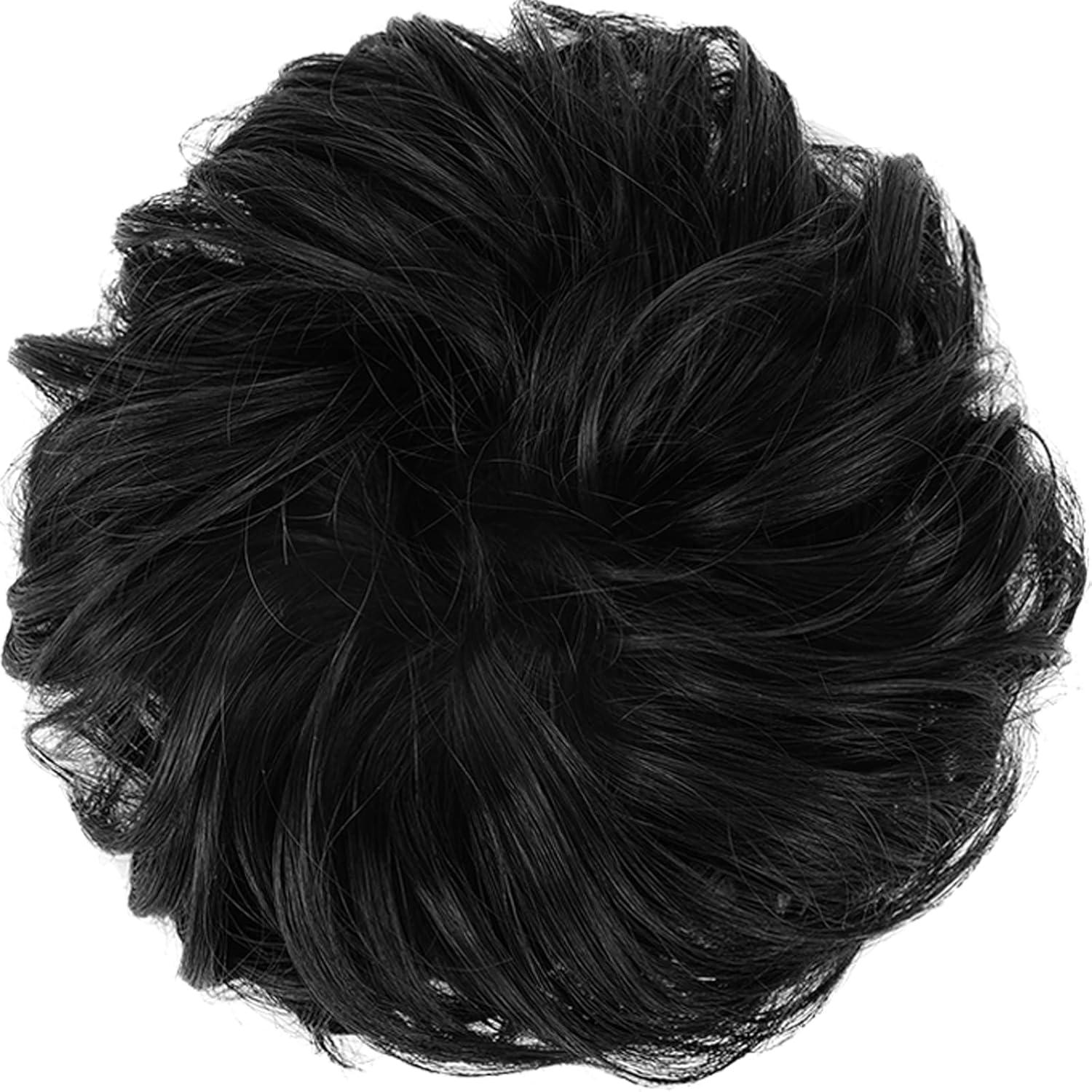 imageFESHFEN Messy Bun Hair Piece Wavy Synthetic Chignon Scrunchies for Instant Volume Elastic Bun Ponytail Hair Extensions Thick Hairpieces for Women Black Gray and White Tips 150 oz2 Natural Black