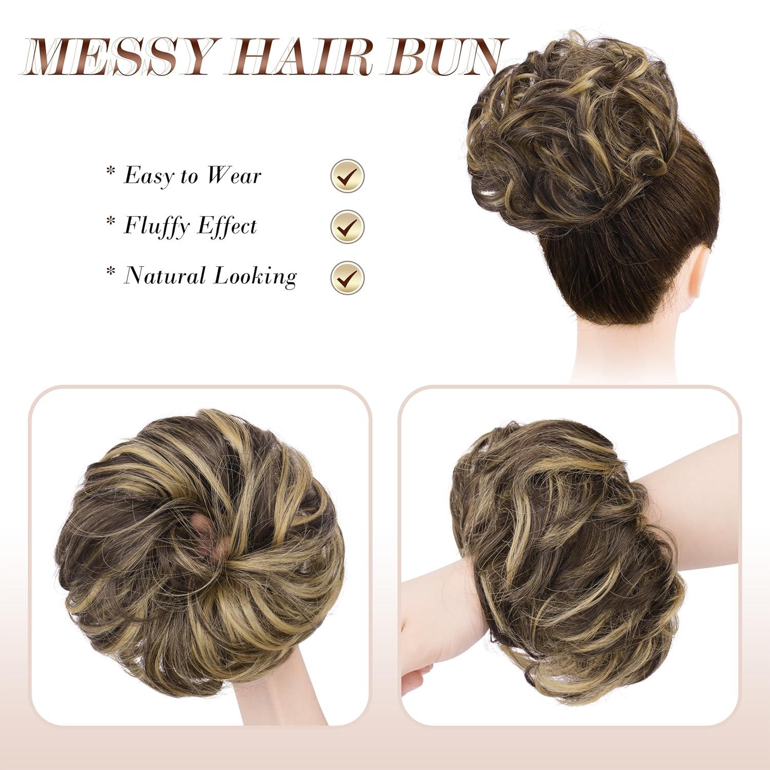 imageFESHFEN Messy Bun Hair Piece Wavy Synthetic Chignon Scrunchies for Instant Volume Elastic Bun Ponytail Hair Extensions Thick Hairpieces for Women Black Gray and White Tips 150 oz6H18 Dark Brown Champagne Blone