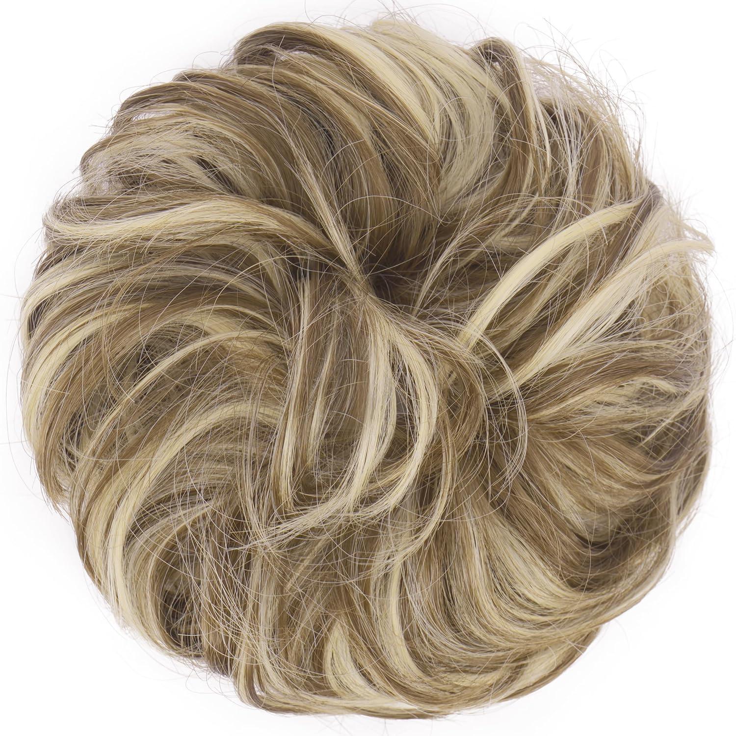 imageFESHFEN Messy Bun Hair Piece Wavy Synthetic Chignon Scrunchies for Instant Volume Elastic Bun Ponytail Hair Extensions Thick Hairpieces for Women Black Gray and White Tips 150 oz8660H10 Brunette Blonde