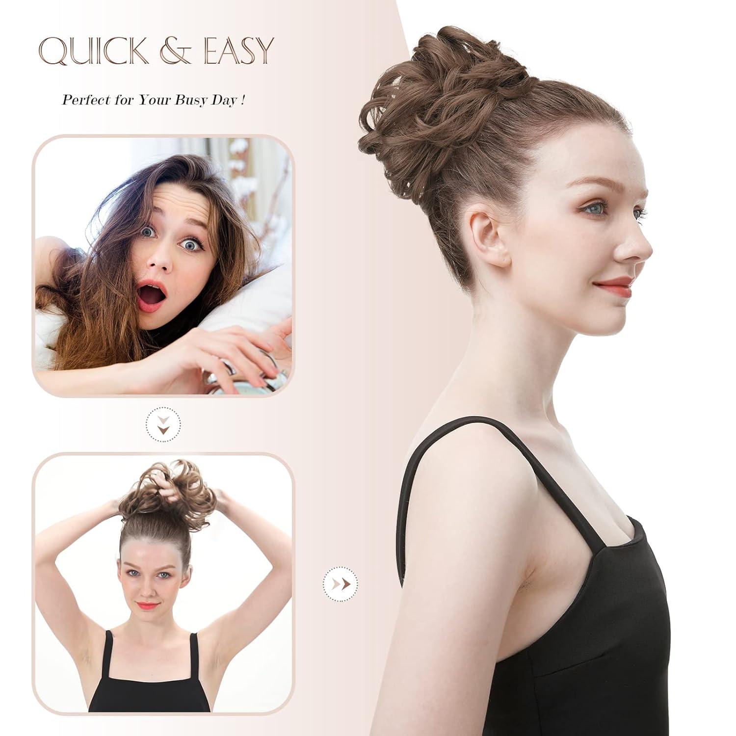 imageFESHFEN Messy Bun Hair Piece Wavy Synthetic Chignon Scrunchies for Instant Volume Elastic Bun Ponytail Hair Extensions Thick Hairpieces for Women Black Gray and White Tips 150 oz12H24 Brown Blonde