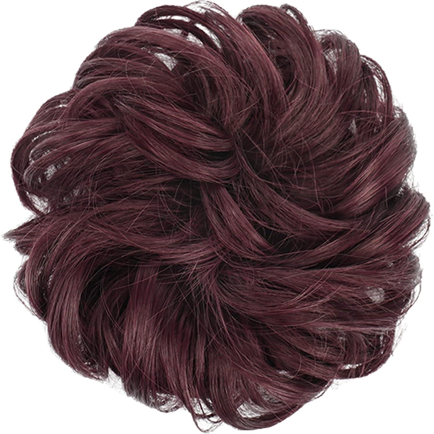 imageFESHFEN Messy Bun Hair Piece Wavy Synthetic Chignon Scrunchies for Instant Volume Elastic Bun Ponytail Hair Extensions Thick Hairpieces for Women Black Gray and White Tips 150 ozWine Red