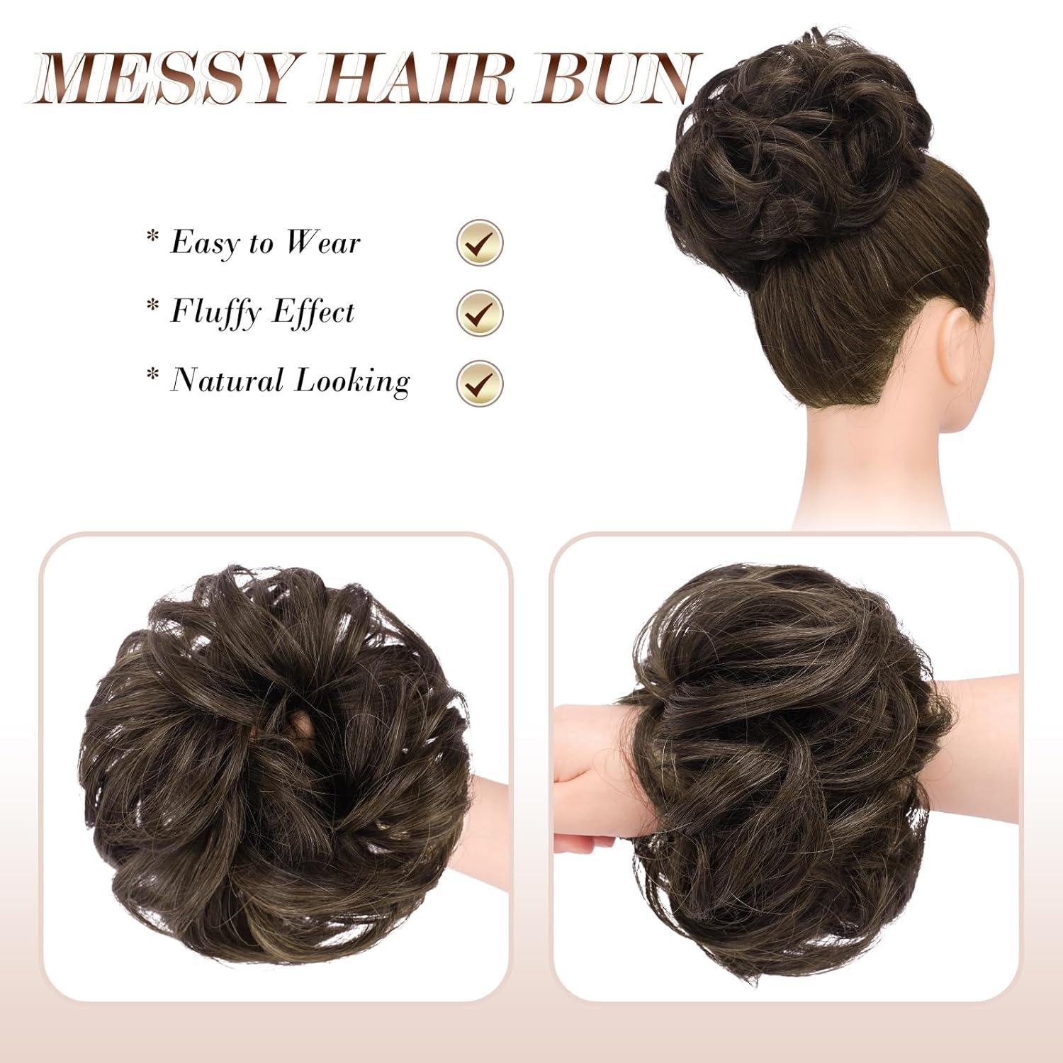 imageFESHFEN Messy Bun Hair Piece Wavy Synthetic Chignon Scrunchies for Instant Volume Elastic Bun Ponytail Hair Extensions Thick Hairpieces for Women Black Gray and White Tips 150 oz46A Mixed Chocolate Brown