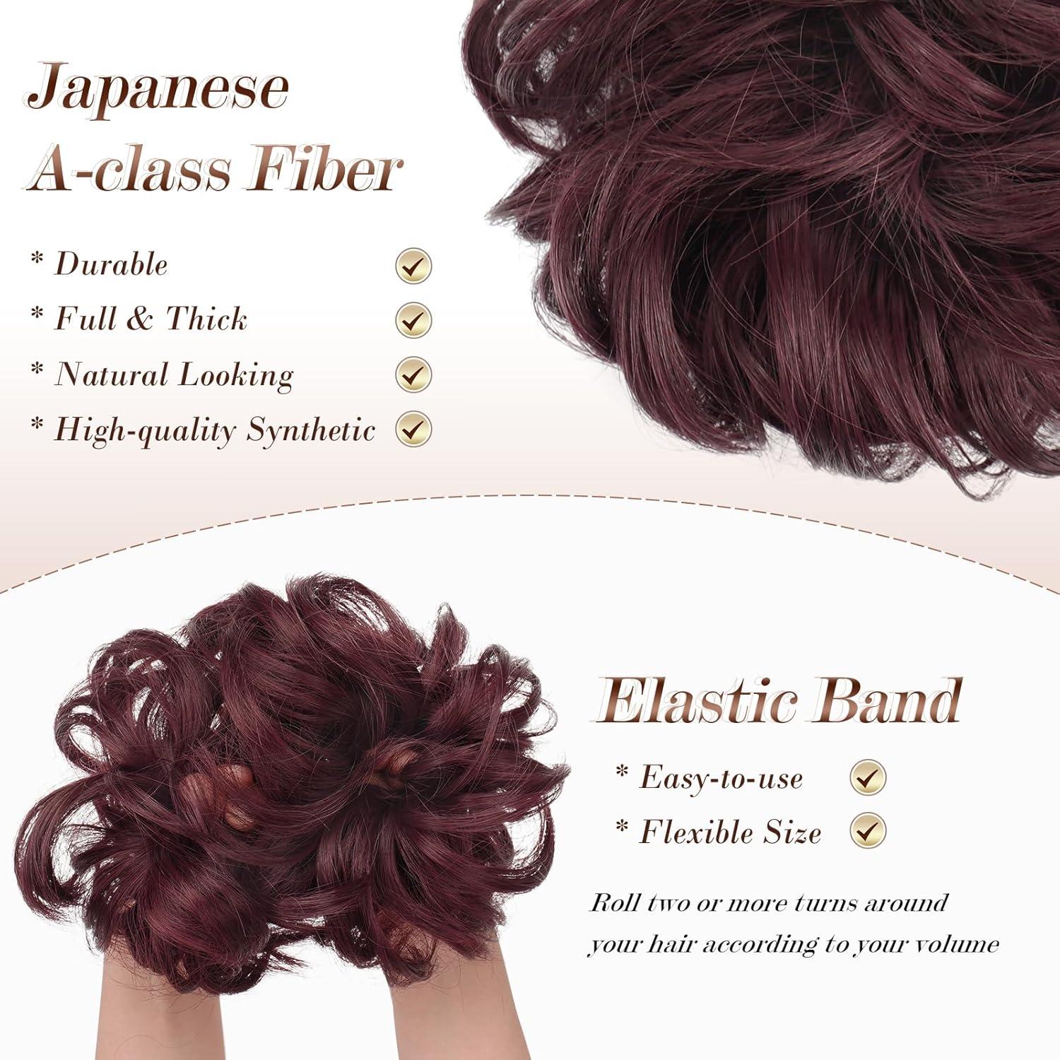 imageFESHFEN Messy Bun Hair Piece Wavy Synthetic Chignon Scrunchies for Instant Volume Elastic Bun Ponytail Hair Extensions Thick Hairpieces for Women Black Gray and White Tips 150 ozWine Red