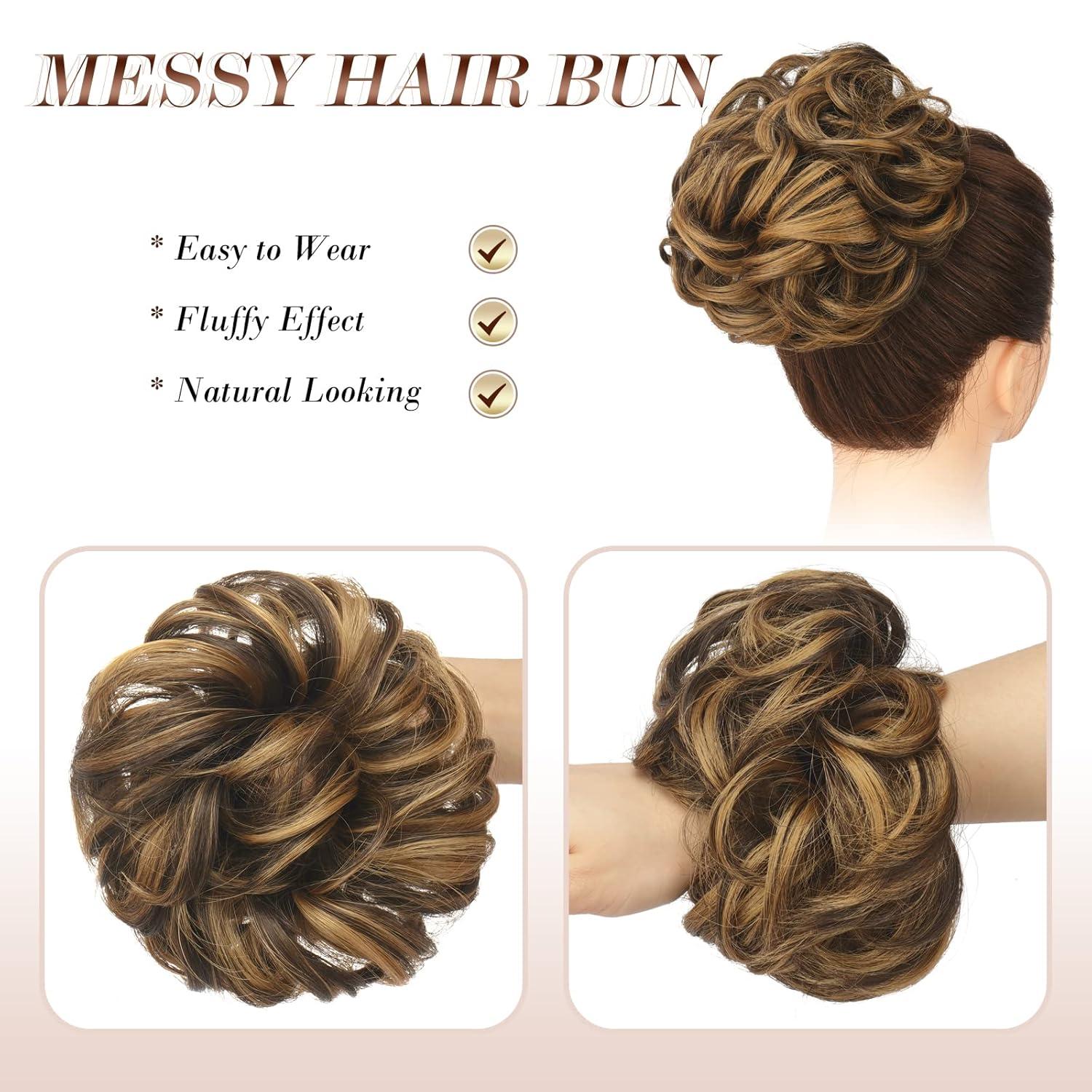 imageFESHFEN Messy Bun Hair Piece Wavy Synthetic Chignon Scrunchies for Instant Volume Elastic Bun Ponytail Hair Extensions Thick Hairpieces for Women Black Gray and White Tips 150 oz4AH26 Brown Highlighted Caramel Blonde