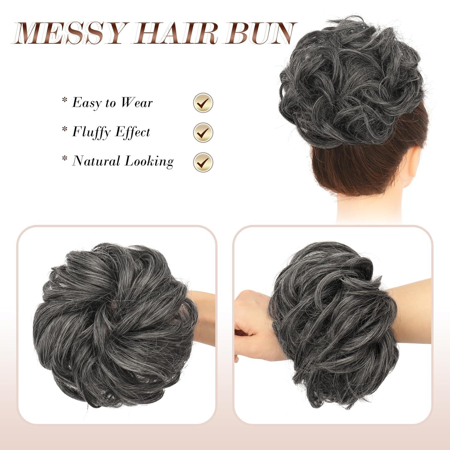 imageFESHFEN Messy Bun Hair Piece Wavy Synthetic Chignon Scrunchies for Instant Volume Elastic Bun Ponytail Hair Extensions Thick Hairpieces for Women Black Gray and White Tips 150 oz41001grey Dark Salt and Pepper