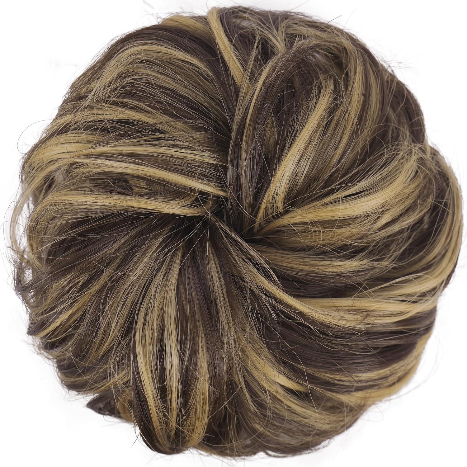 imageFESHFEN Messy Bun Hair Piece Wavy Synthetic Chignon Scrunchies for Instant Volume Elastic Bun Ponytail Hair Extensions Thick Hairpieces for Women Black Gray and White Tips 150 oz6H18 Dark Brown Champagne Blone