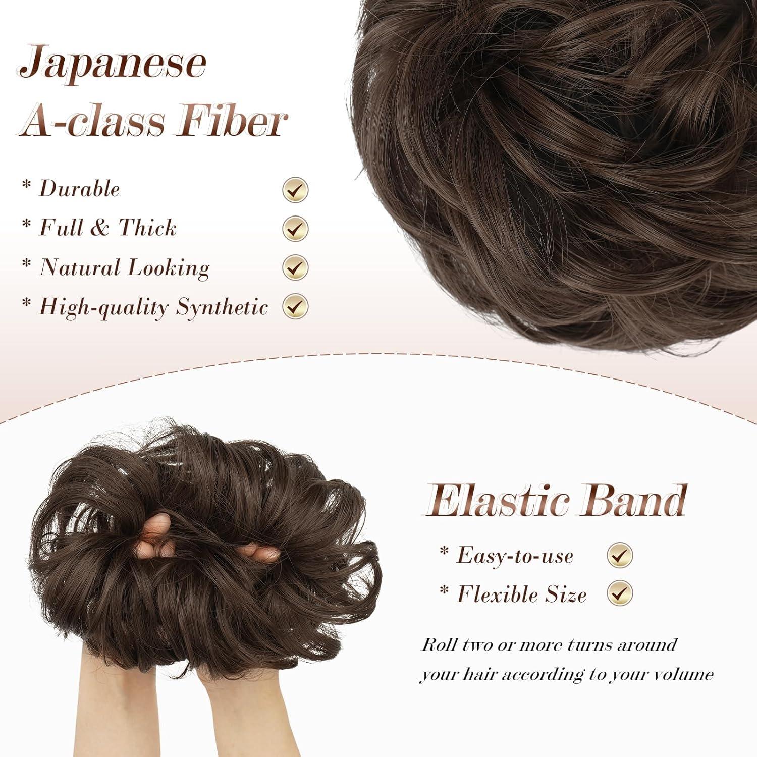 imageFESHFEN Messy Bun Hair Piece Wavy Synthetic Chignon Scrunchies for Instant Volume Elastic Bun Ponytail Hair Extensions Thick Hairpieces for Women Black Gray and White Tips 150 oz8 Medium Chestnut Brown