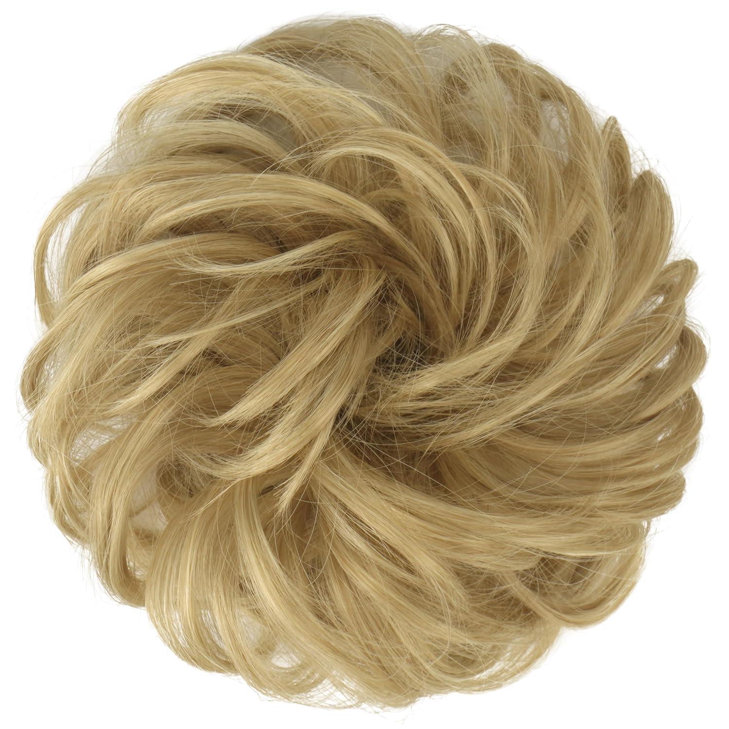imageFESHFEN Messy Bun Hair Piece Wavy Synthetic Chignon Scrunchies for Instant Volume Elastic Bun Ponytail Hair Extensions Thick Hairpieces for Women Black Gray and White Tips 150 oz22613 Light Golden Blonde