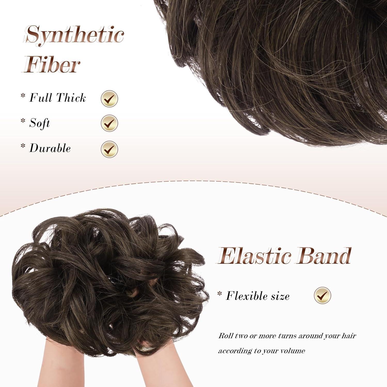imageFESHFEN Messy Bun Hair Piece Wavy Synthetic Chignon Scrunchies for Instant Volume Elastic Bun Ponytail Hair Extensions Thick Hairpieces for Women Black Gray and White Tips 150 oz46A Mixed Chocolate Brown