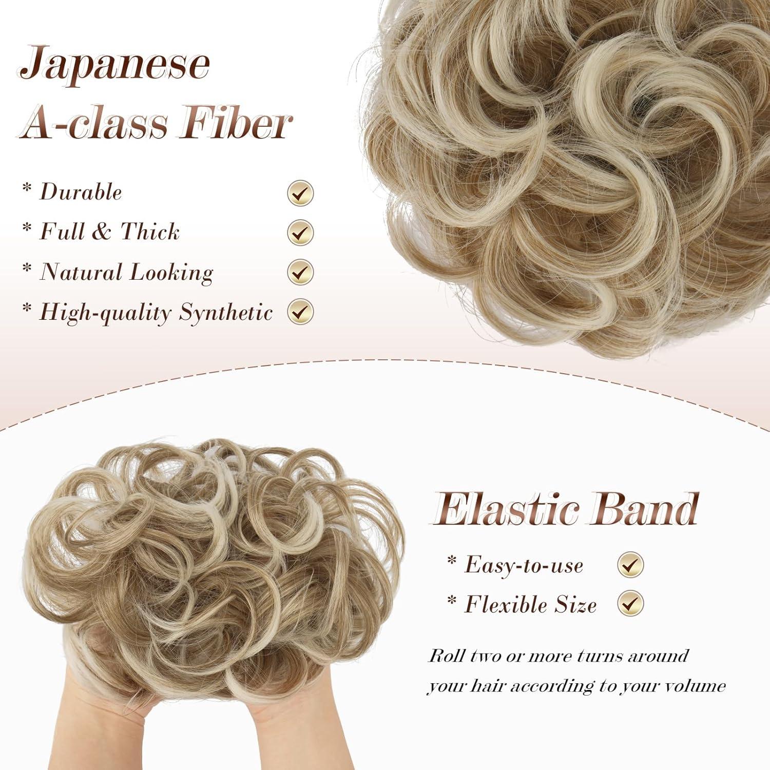 imageFESHFEN Messy Bun Hair Piece Wavy Synthetic Chignon Scrunchies for Instant Volume Elastic Bun Ponytail Hair Extensions Thick Hairpieces for Women Black Gray and White Tips 150 oz27T60 Strawberry Blonde Platinum Blonde Tips