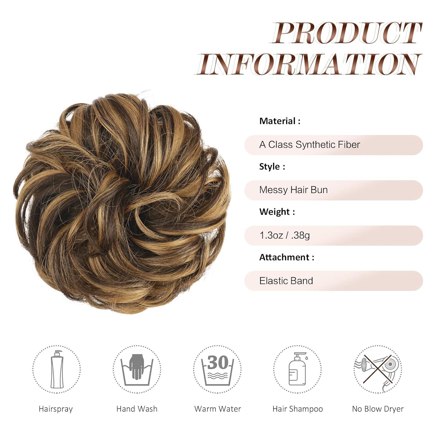 imageFESHFEN Messy Bun Hair Piece Wavy Synthetic Chignon Scrunchies for Instant Volume Elastic Bun Ponytail Hair Extensions Thick Hairpieces for Women Black Gray and White Tips 150 oz4AH26 Brown Highlighted Caramel Blonde