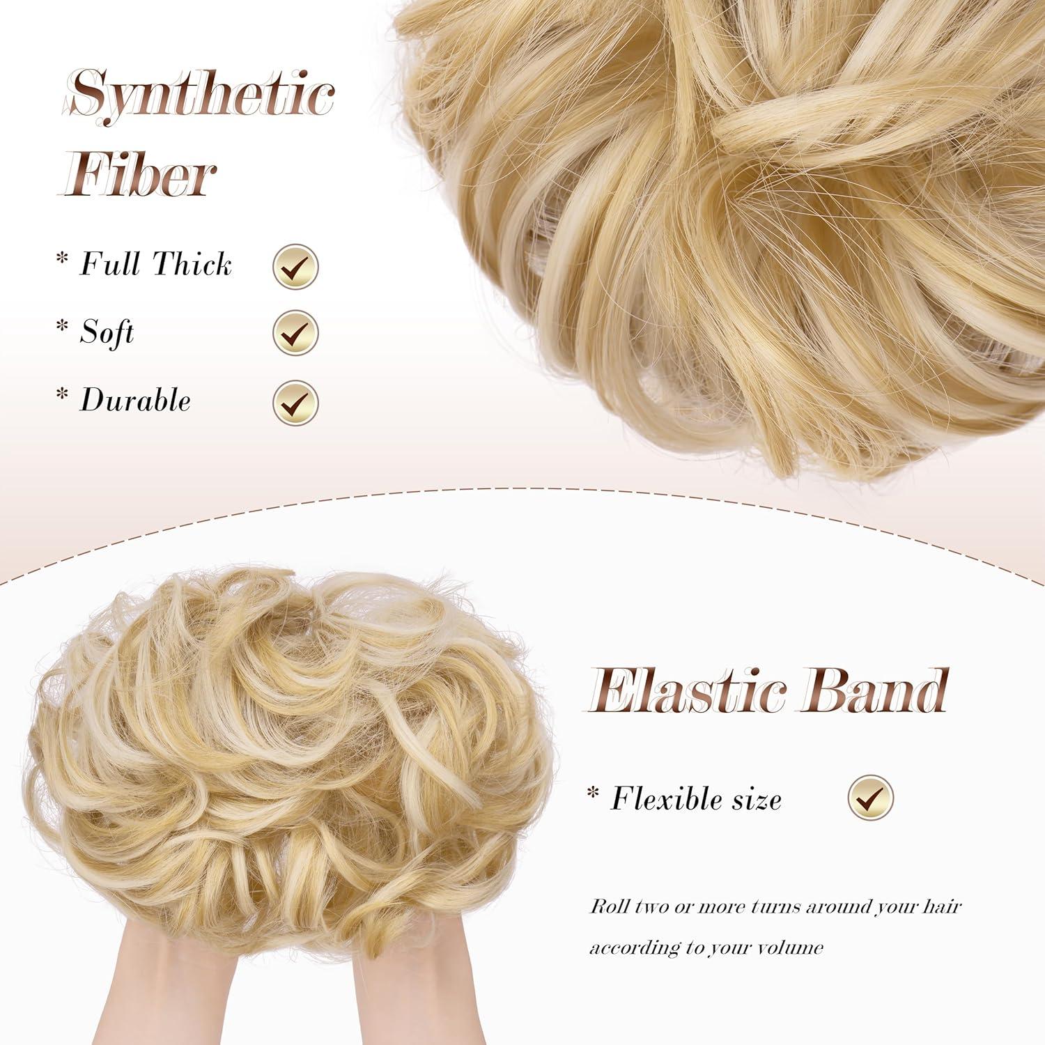 imageFESHFEN Messy Bun Hair Piece Wavy Synthetic Chignon Scrunchies for Instant Volume Elastic Bun Ponytail Hair Extensions Thick Hairpieces for Women Black Gray and White Tips 150 oz18H60 Champagne Blonde White Blonde