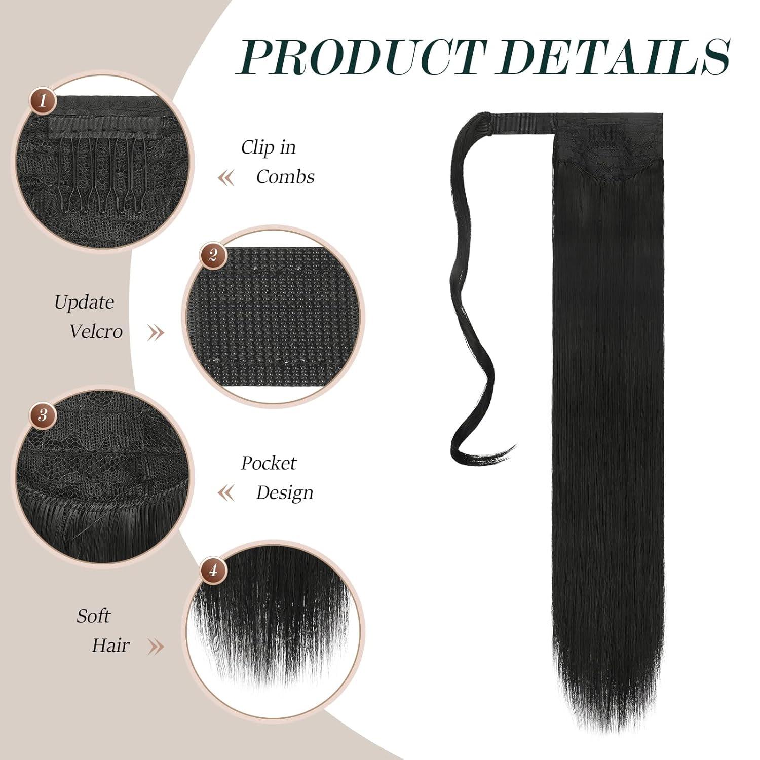 imageFESHFEN Ponytail Extensions 24 Inch Long Straight Black Wrap Around Synthetic Ponytails Hair Piece Pony Tail Hair Extensions Hairpieces for Women1 Black