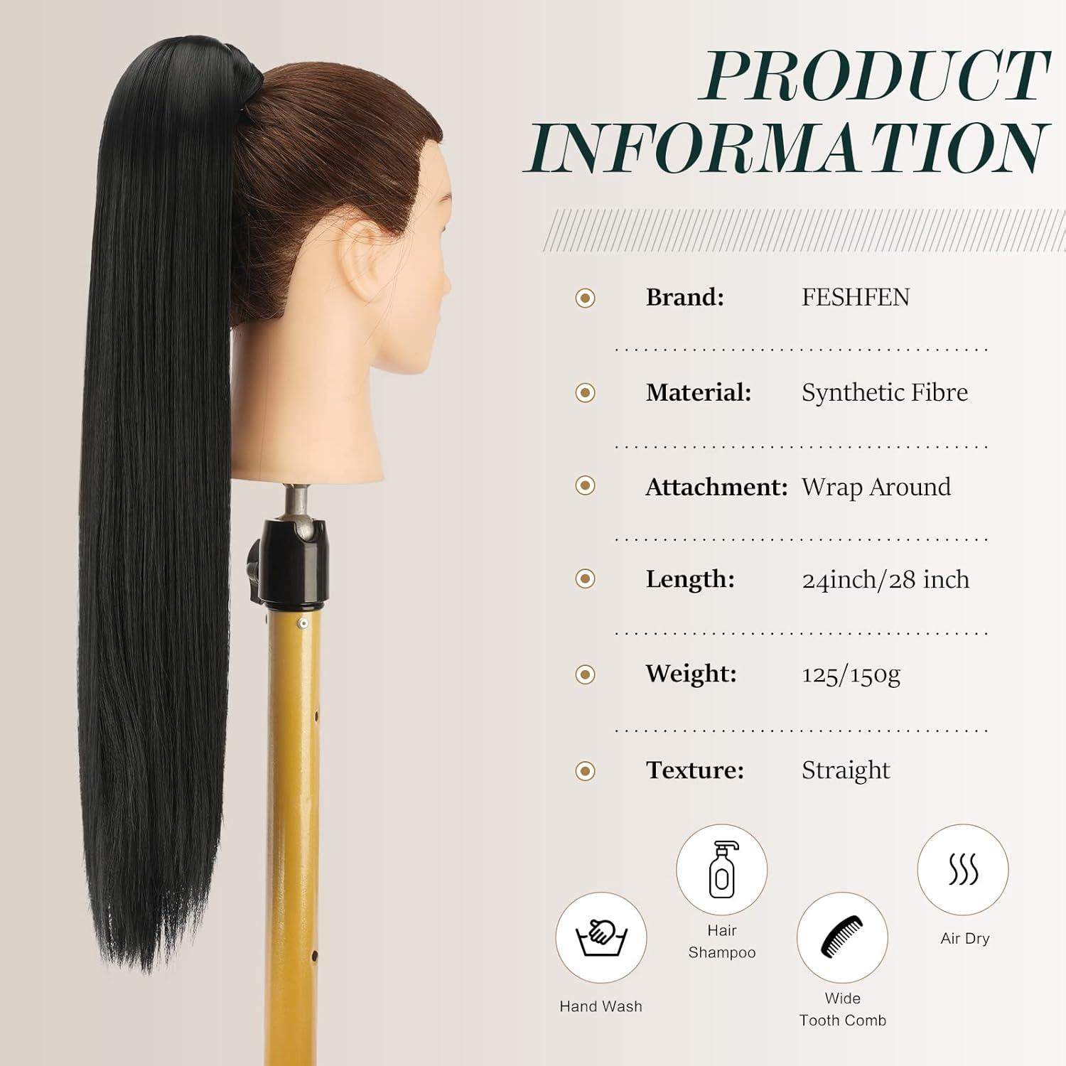 imageFESHFEN Ponytail Extensions 24 Inch Long Straight Black Wrap Around Synthetic Ponytails Hair Piece Pony Tail Hair Extensions Hairpieces for Women1 Black