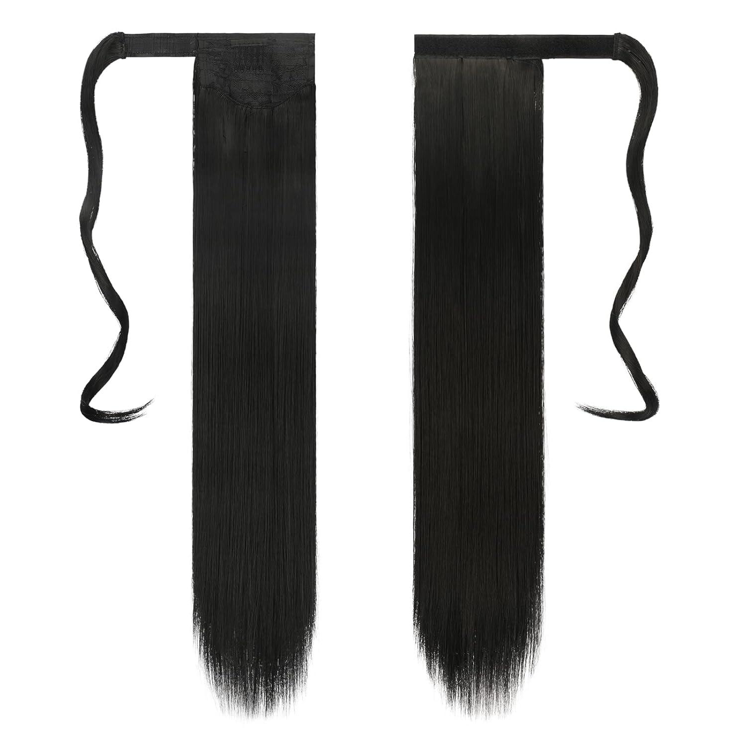 imageFESHFEN Ponytail Extensions 24 Inch Long Straight Black Wrap Around Synthetic Ponytails Hair Piece Pony Tail Hair Extensions Hairpieces for Women1 Black