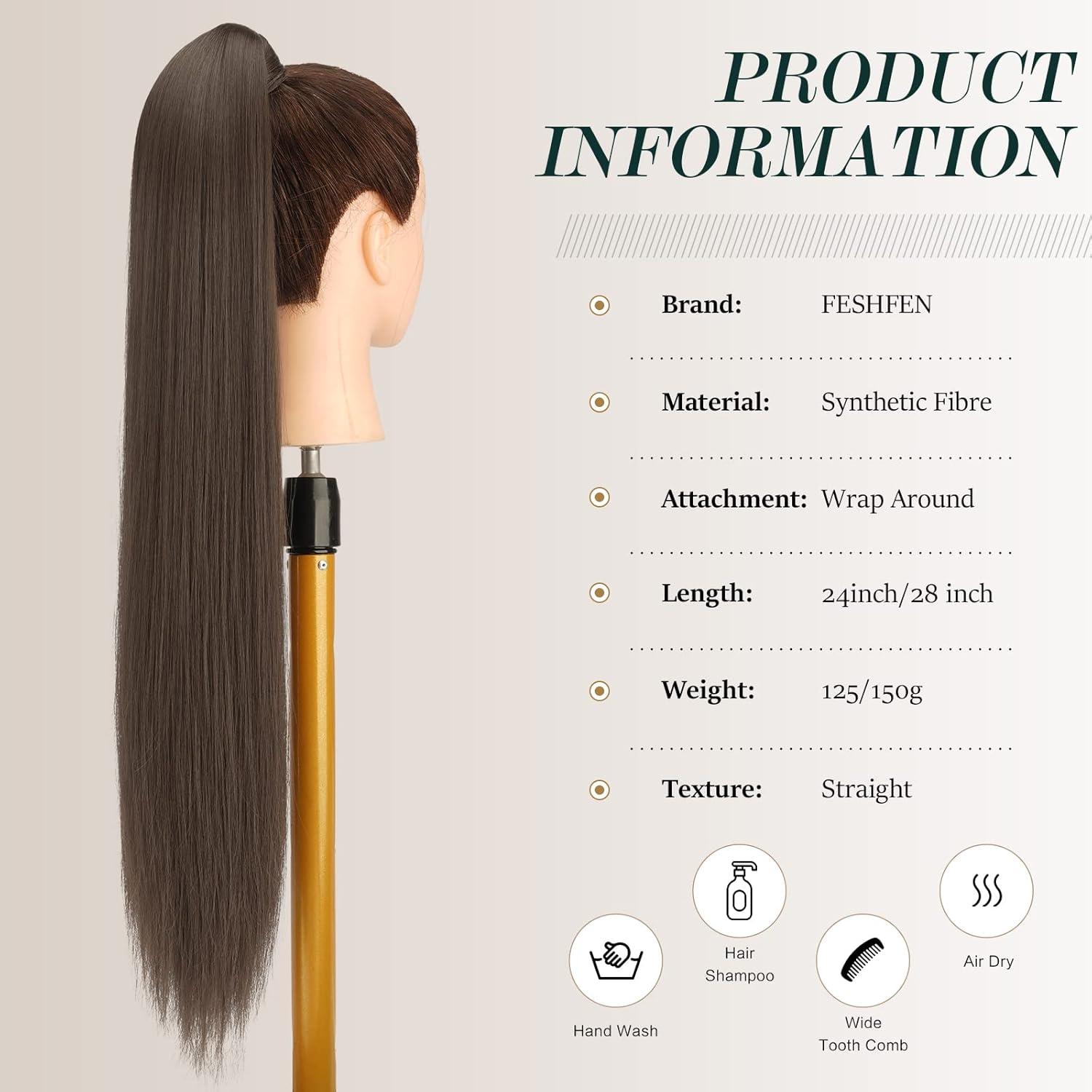 imageFESHFEN Ponytail Extensions 24 Inch Long Straight Black Wrap Around Synthetic Ponytails Hair Piece Pony Tail Hair Extensions Hairpieces for Women610H Brown