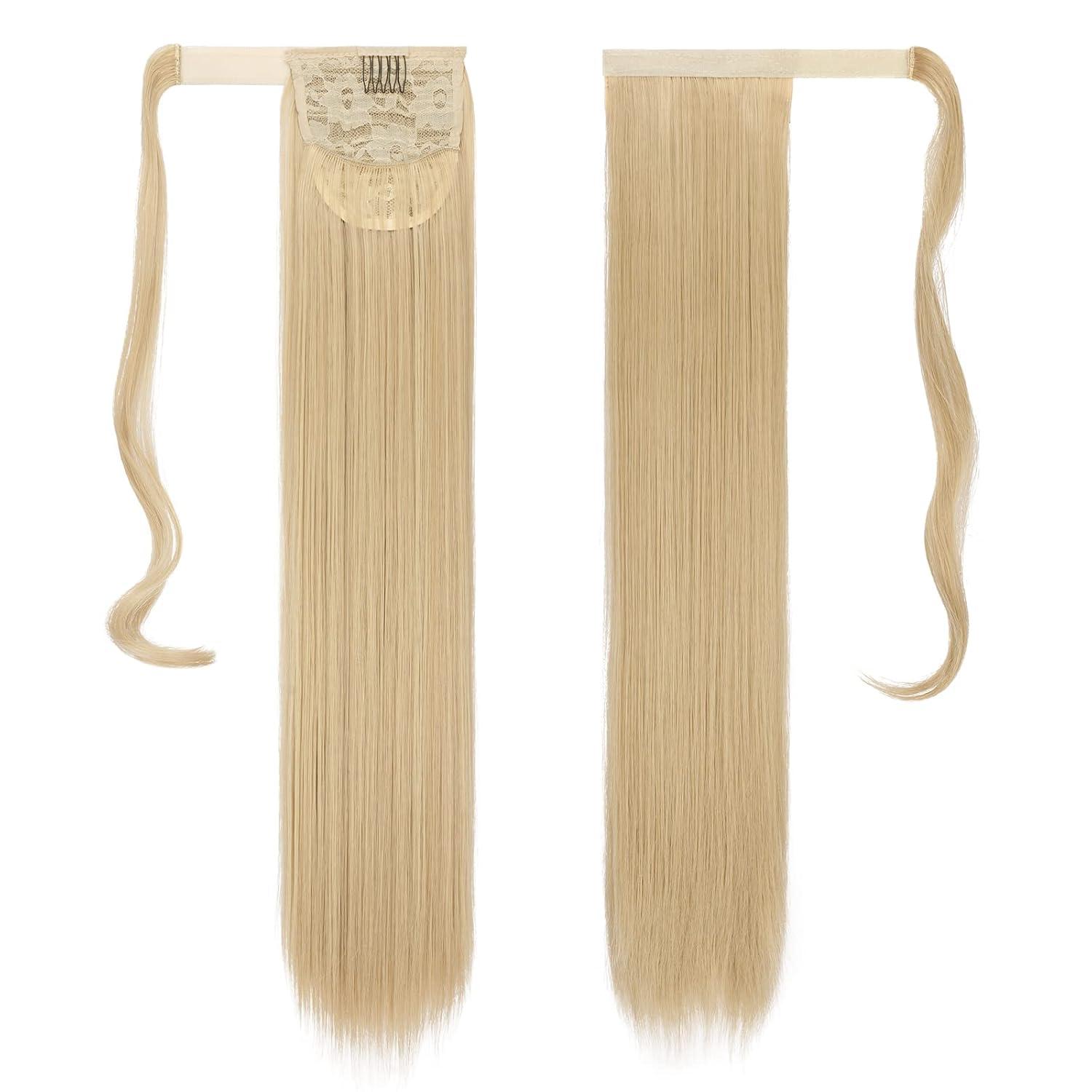 imageFESHFEN Ponytail Extensions 24 Inch Long Straight Wrap Around Synthetic Medium Brown Ponytails Hair Piece Pony Tail Hair Extensions Hairpieces for Women16613 Ash Blonde