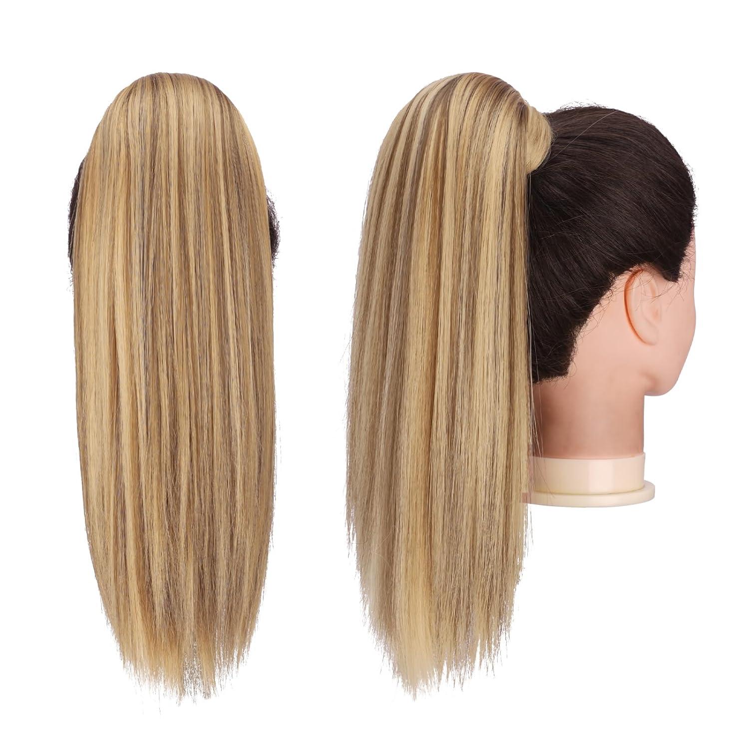 imageFESHFEN Ponytail Extensions 24 Inch Long Straight Wrap Around Synthetic Medium Brown Ponytails Hair Piece Pony Tail Hair Extensions Hairpieces for WomenBrown Mixed Blonde