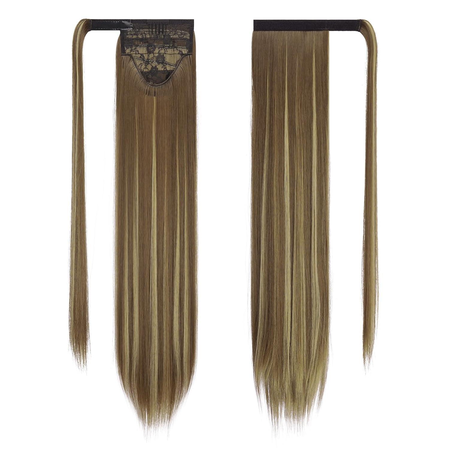 imageFESHFEN Ponytail Extensions 24 Inch Long Straight Wrap Around Synthetic Medium Brown Ponytails Hair Piece Pony Tail Hair Extensions Hairpieces for Women12H29 Light Brown Blonde