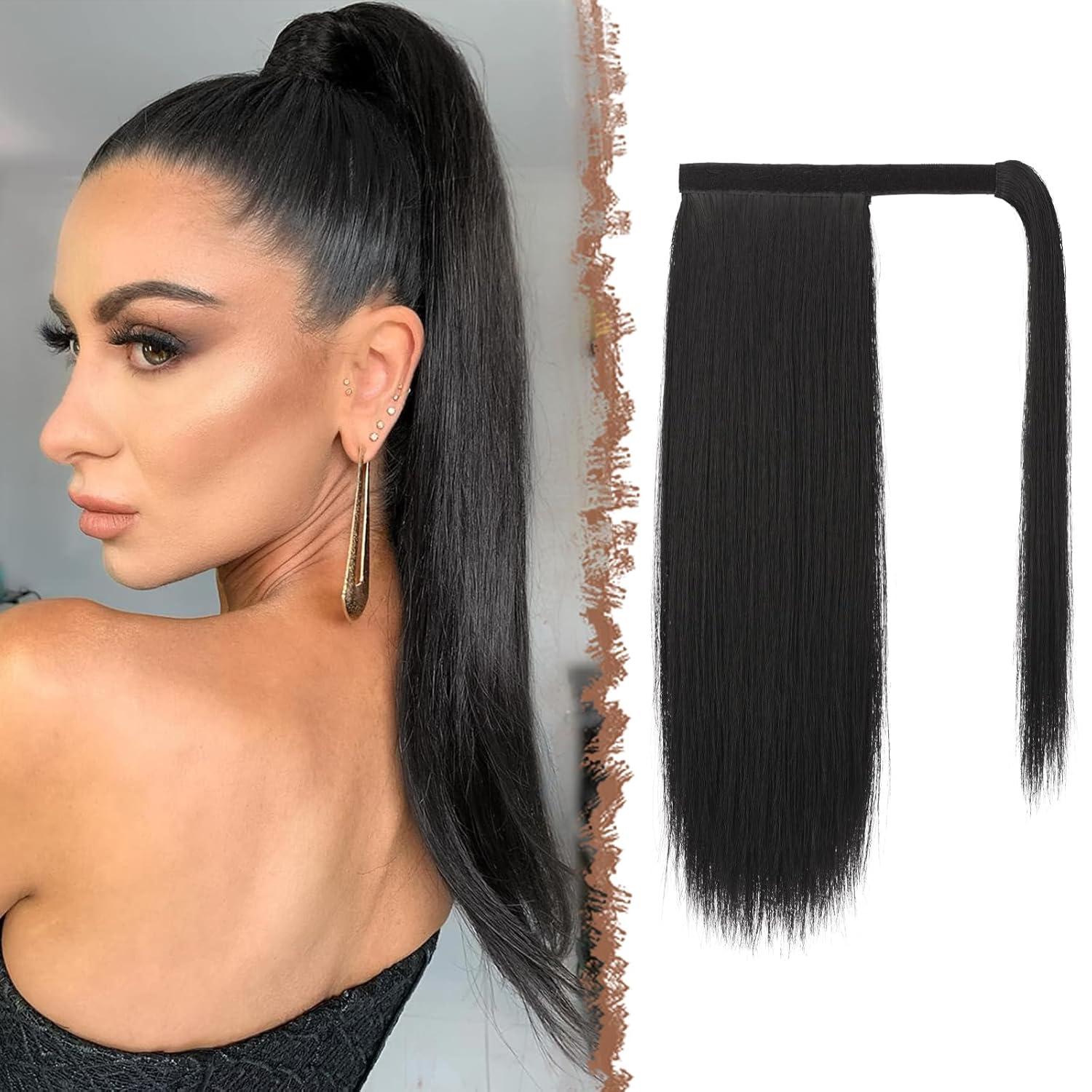 imageFESHFEN Ponytail Extensions 24 Inch Long Straight Wrap Around Synthetic Medium Brown Ponytails Hair Piece Pony Tail Hair Extensions Hairpieces for WomenNatural Black