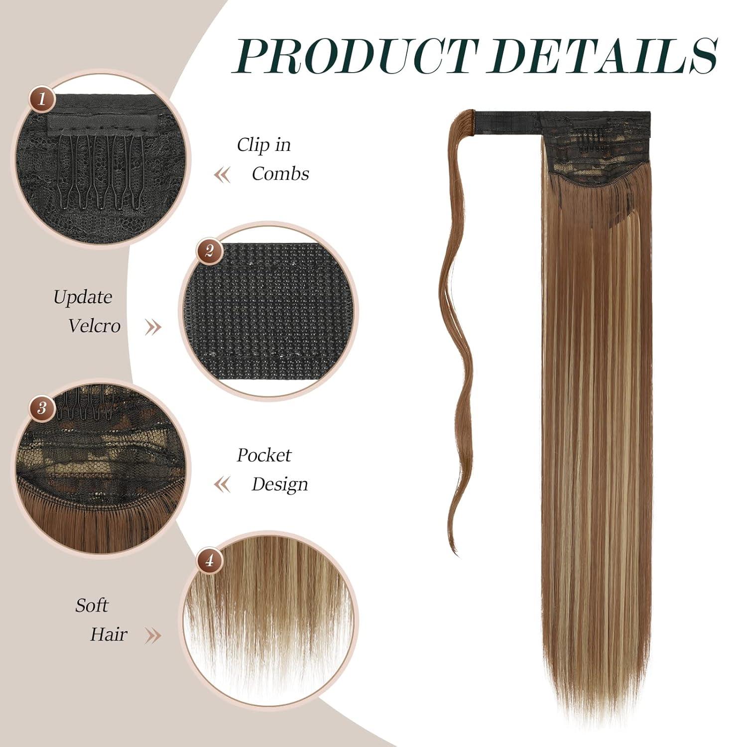 imageFESHFEN Ponytail Extensions 24 Inch Long Straight Wrap Around Synthetic Medium Brown Ponytails Hair Piece Pony Tail Hair Extensions Hairpieces for Women12H24 Brown Blonde