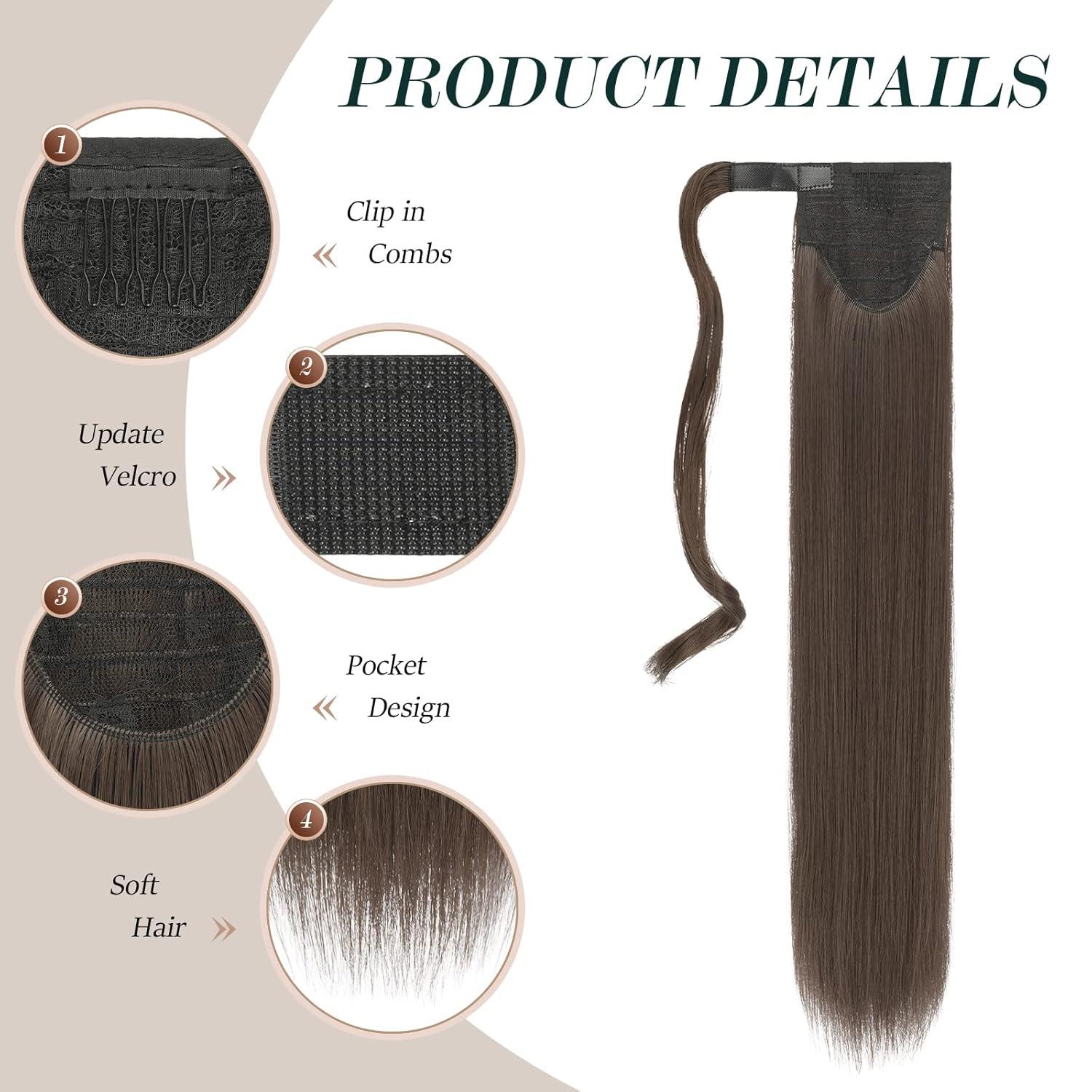imageFESHFEN Ponytail Extensions 24 Inch Long Straight Wrap Around Synthetic Medium Brown Ponytails Hair Piece Pony Tail Hair Extensions Hairpieces for Women610H Brown