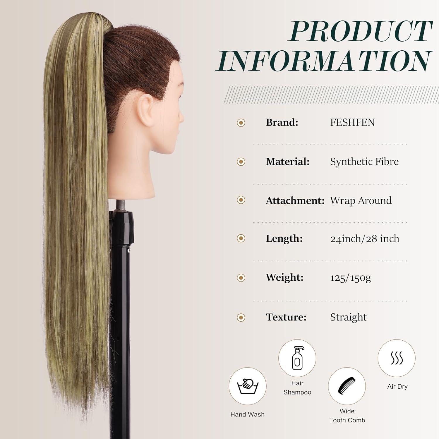imageFESHFEN Ponytail Extensions 24 Inch Long Straight Wrap Around Synthetic Medium Brown Ponytails Hair Piece Pony Tail Hair Extensions Hairpieces for Women12H29 Light Brown Blonde