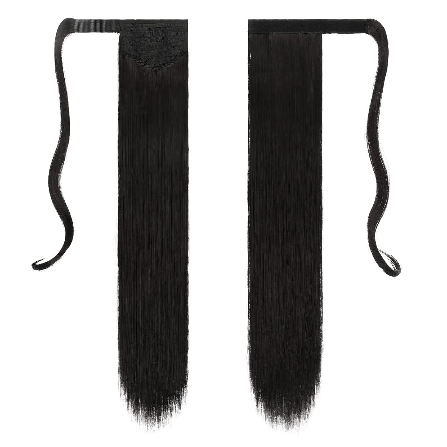 imageFESHFEN Ponytail Extensions 24 Inch Long Straight Wrap Around Synthetic Medium Brown Ponytails Hair Piece Pony Tail Hair Extensions Hairpieces for Women2 Natural Black