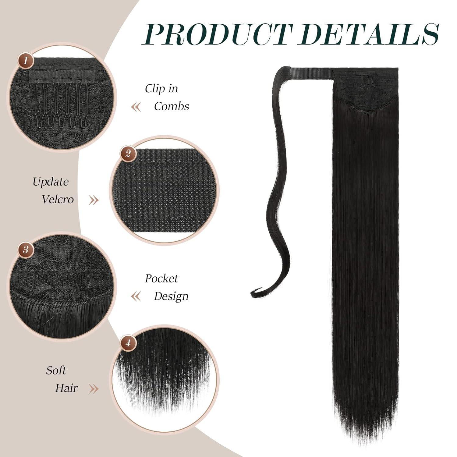 imageFESHFEN Ponytail Extensions 24 Inch Long Straight Wrap Around Synthetic Medium Brown Ponytails Hair Piece Pony Tail Hair Extensions Hairpieces for Women2 Natural Black