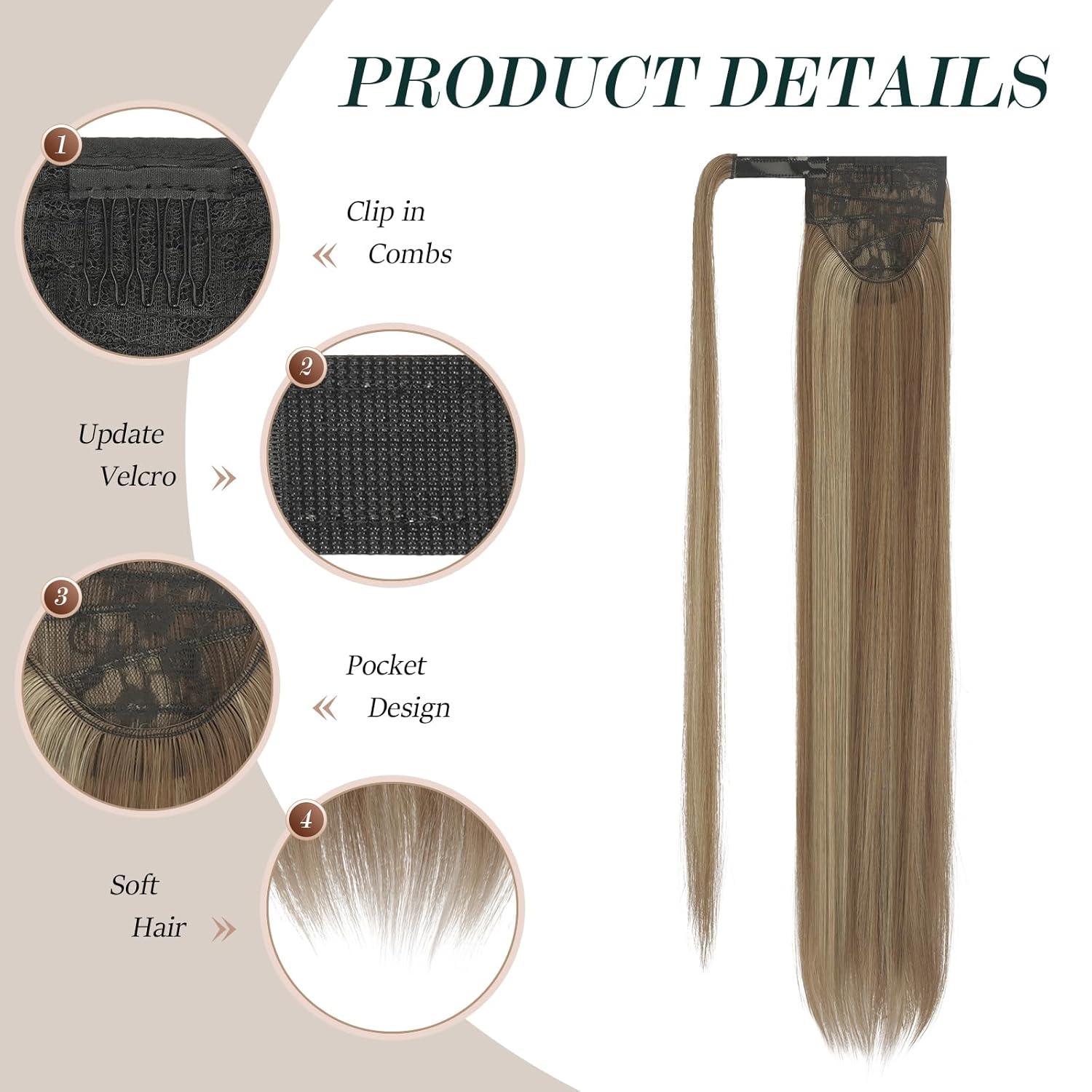 imageFESHFEN Ponytail Extensions 24 Inch Long Straight Wrap Around Synthetic Medium Brown Ponytails Hair Piece Pony Tail Hair Extensions Hairpieces for WomenP8AC18 Caramel Brown Mixed Ash Blonde