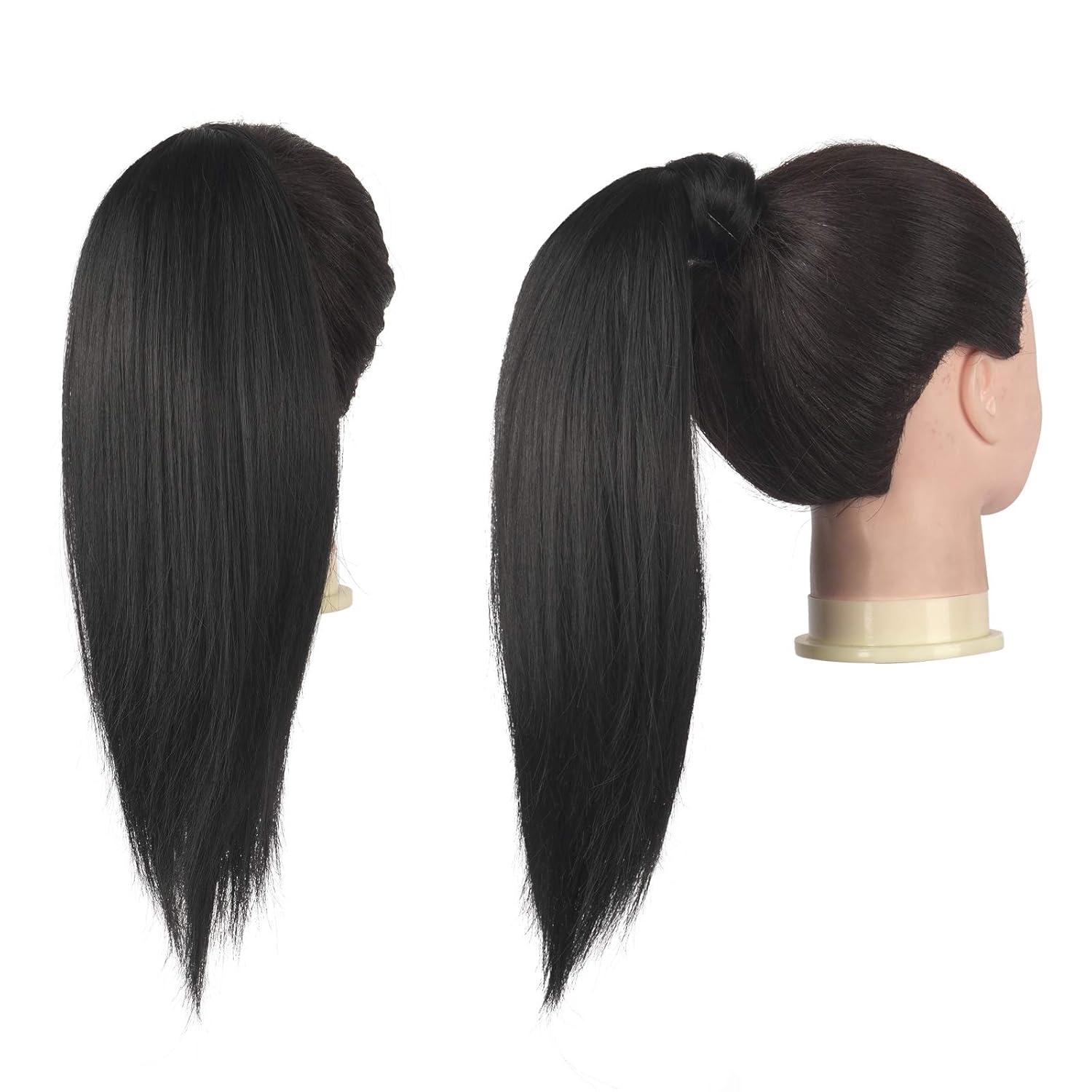 imageFESHFEN Ponytail Extensions 24 Inch Long Straight Wrap Around Synthetic Medium Brown Ponytails Hair Piece Pony Tail Hair Extensions Hairpieces for WomenNatural Black