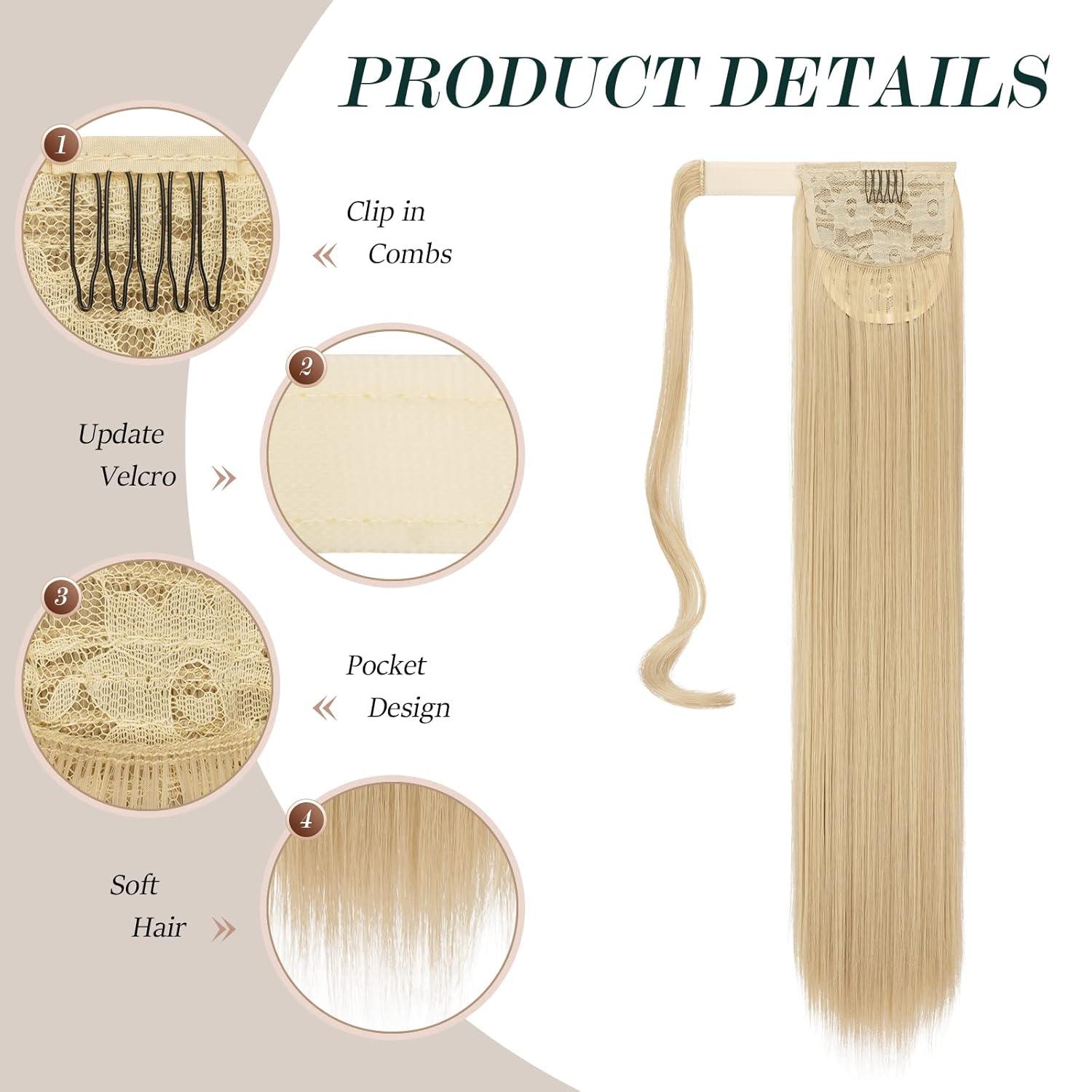imageFESHFEN Ponytail Extensions 24 Inch Long Straight Wrap Around Synthetic Medium Brown Ponytails Hair Piece Pony Tail Hair Extensions Hairpieces for Women16613 Ash Blonde