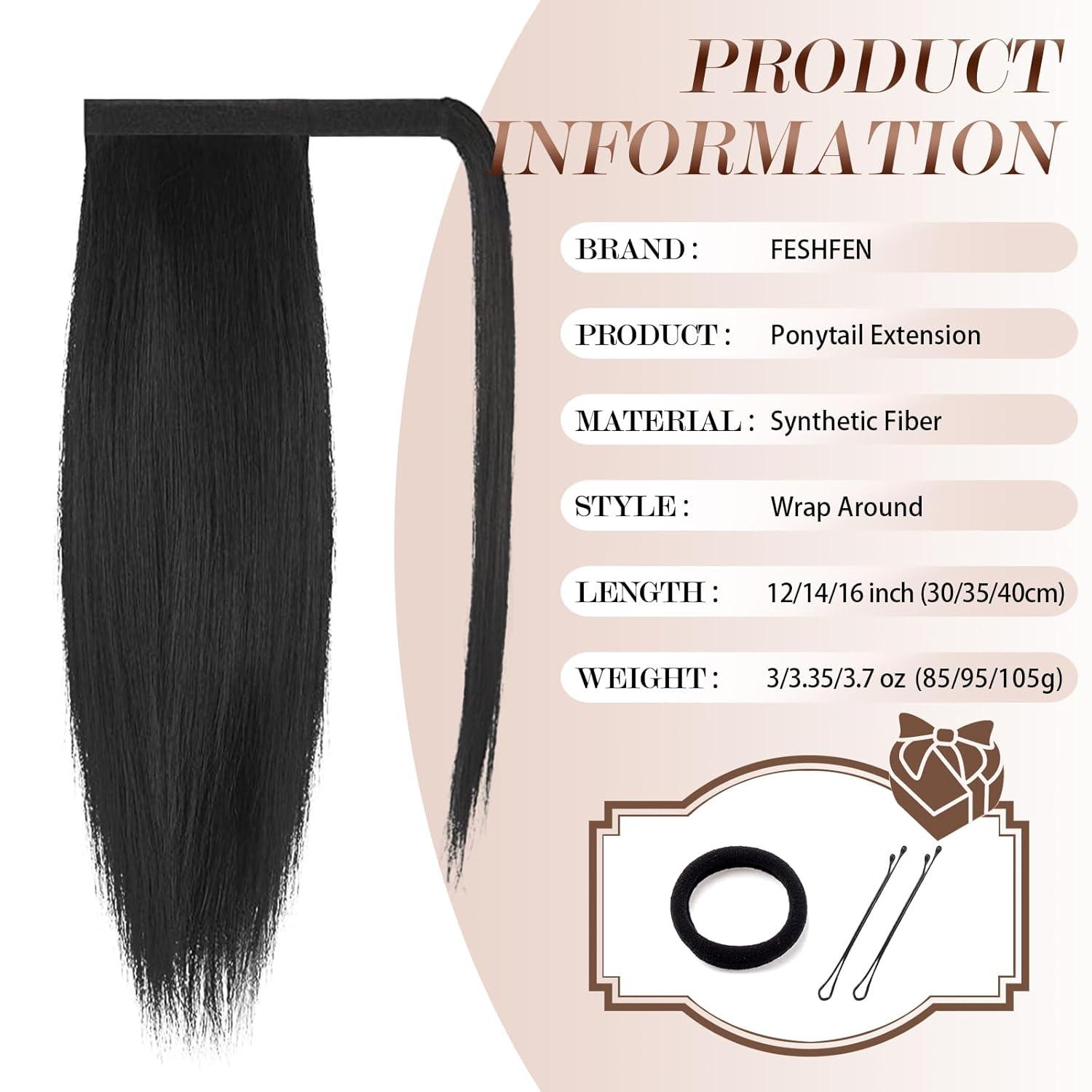 imageFESHFEN Ponytail Extensions 24 Inch Long Straight Wrap Around Synthetic Medium Brown Ponytails Hair Piece Pony Tail Hair Extensions Hairpieces for WomenNatural Black