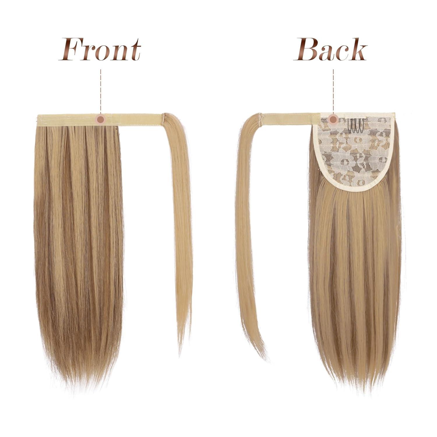 imageFESHFEN Ponytail Extensions 24 Inch Long Straight Wrap Around Synthetic Medium Brown Ponytails Hair Piece Pony Tail Hair Extensions Hairpieces for WomenBrown Mixed Blonde