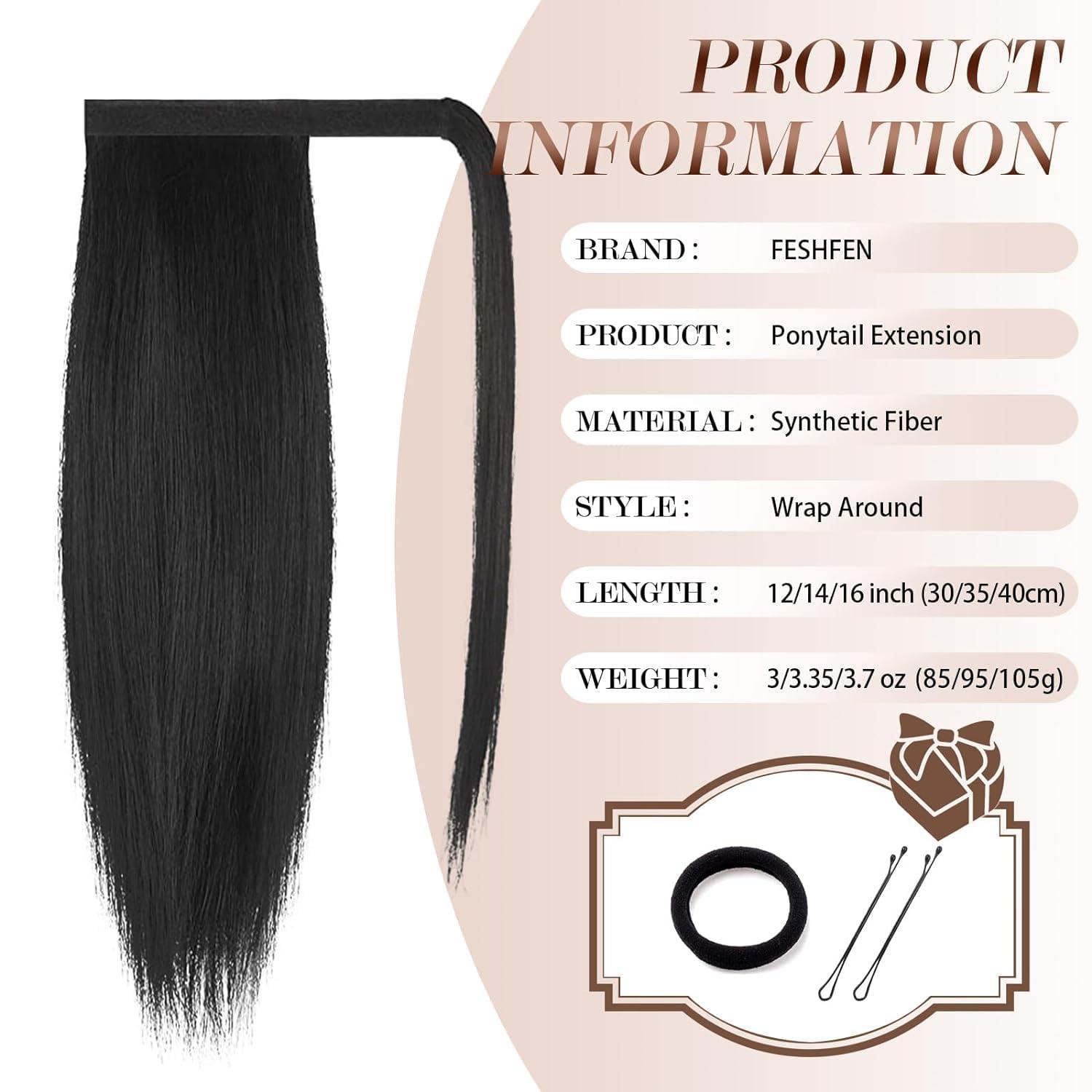imageFESHFEN Ponytail Extensions 24 Inch Long Straight Wrap Around Synthetic Medium Brown Ponytails Hair Piece Pony Tail Hair Extensions Hairpieces for WomenNatural Black