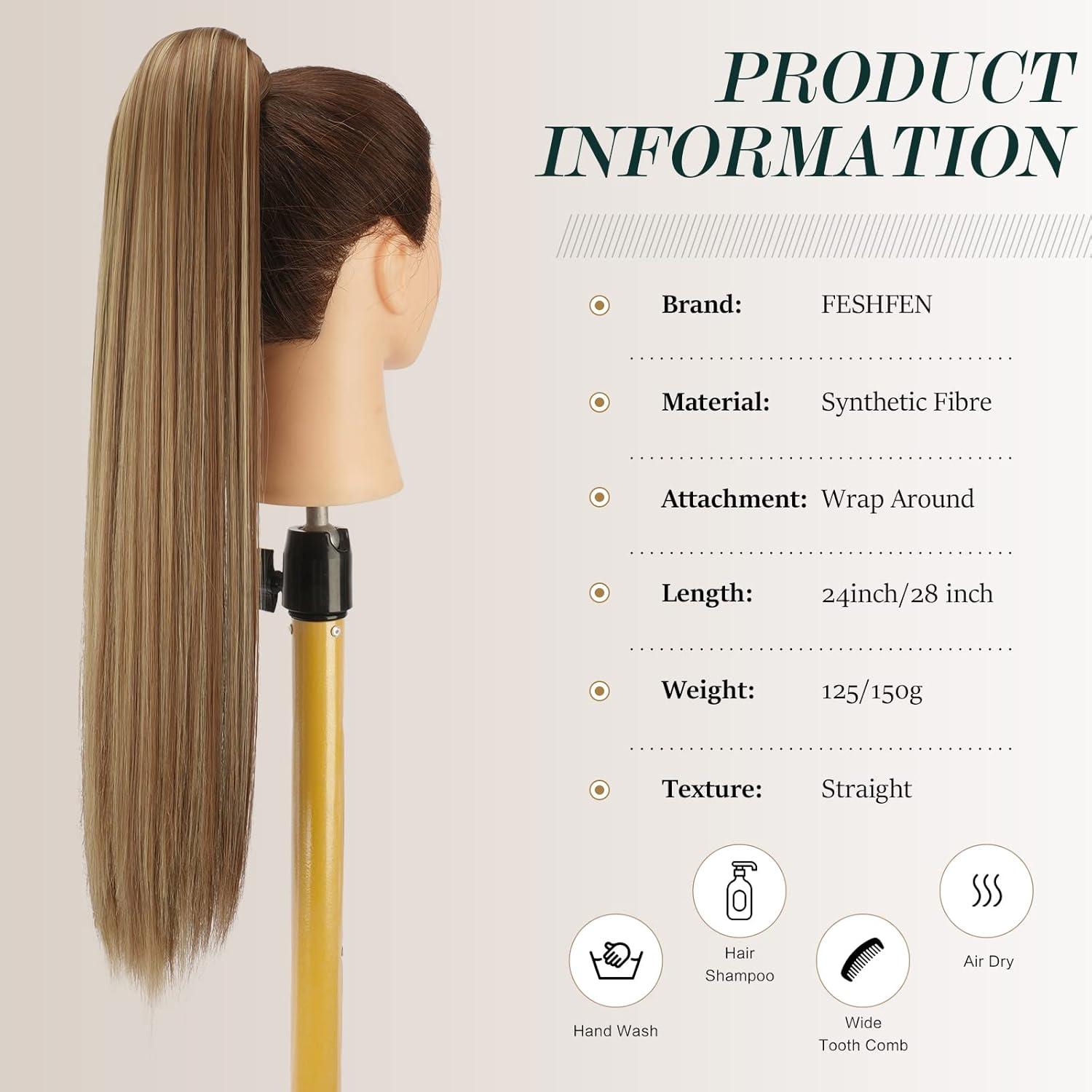 imageFESHFEN Ponytail Extensions 24 Inch Long Straight Wrap Around Synthetic Medium Brown Ponytails Hair Piece Pony Tail Hair Extensions Hairpieces for Women12H24 Brown Blonde