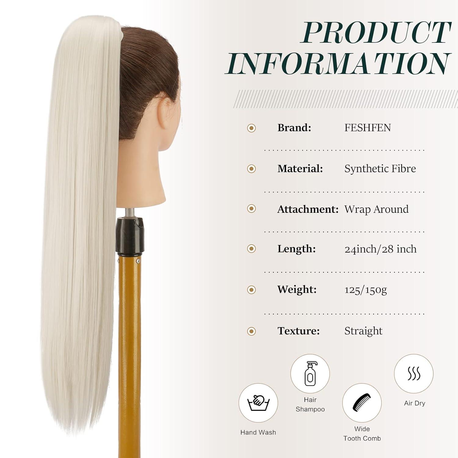 imageFESHFEN Ponytail Extensions 24 Inch Long Straight Wrap Around Synthetic Medium Brown Ponytails Hair Piece Pony Tail Hair Extensions Hairpieces for Women60 Ash Platinum Blonde