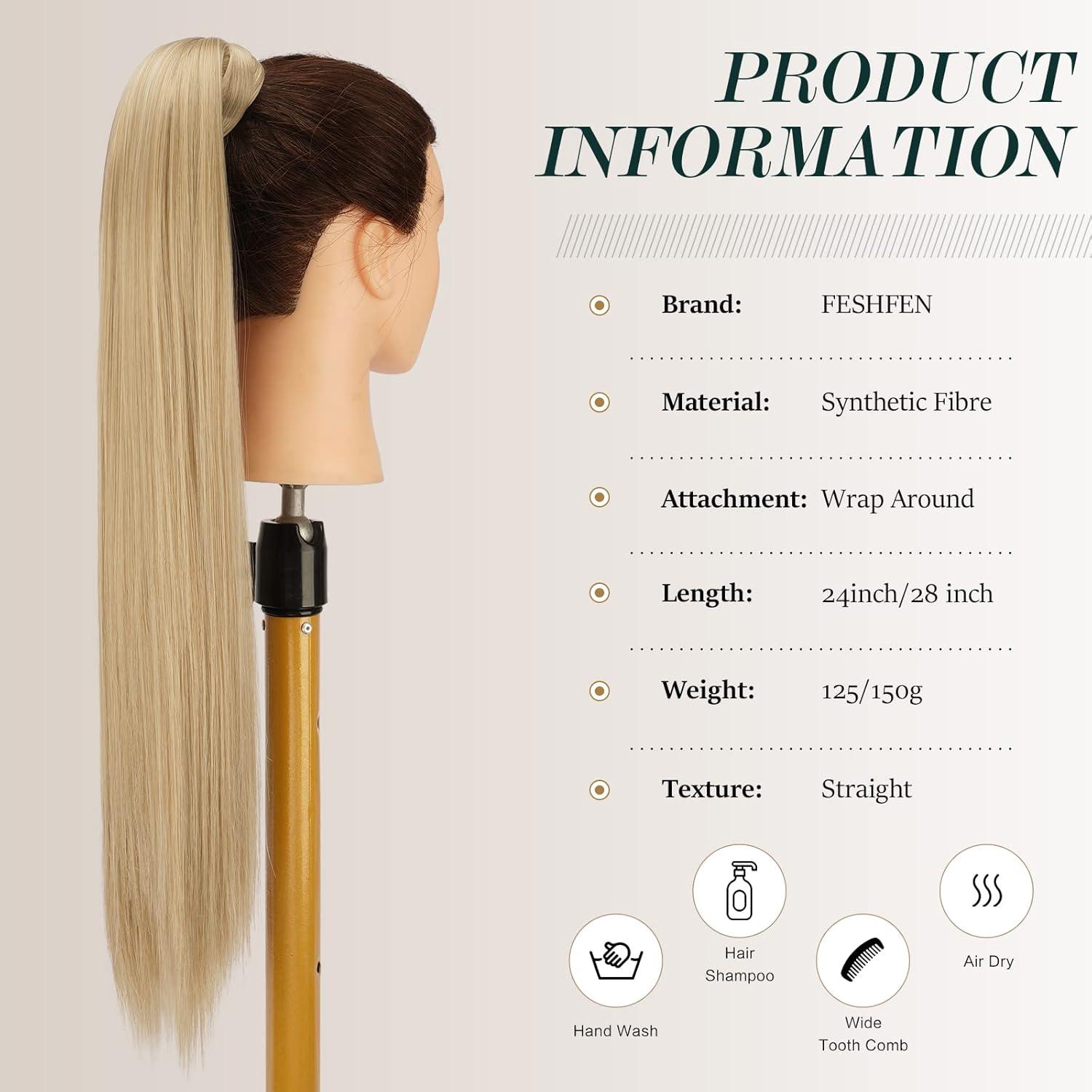imageFESHFEN Ponytail Extensions 24 Inch Long Straight Wrap Around Synthetic Medium Brown Ponytails Hair Piece Pony Tail Hair Extensions Hairpieces for Women16613 Ash Blonde