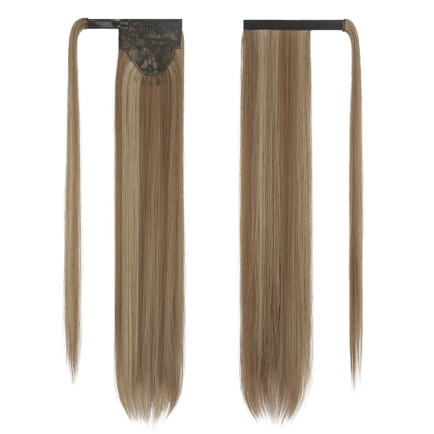 imageFESHFEN Ponytail Extensions 24 Inch Long Straight Wrap Around Synthetic Medium Brown Ponytails Hair Piece Pony Tail Hair Extensions Hairpieces for WomenP8AC18 Caramel Brown Mixed Ash Blonde