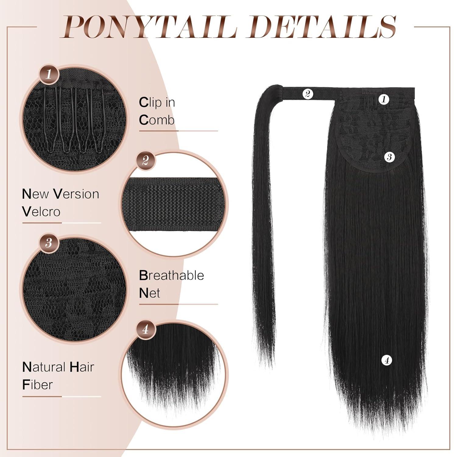 imageFESHFEN Ponytail Extensions 24 Inch Long Straight Wrap Around Synthetic Medium Brown Ponytails Hair Piece Pony Tail Hair Extensions Hairpieces for WomenNatural Black