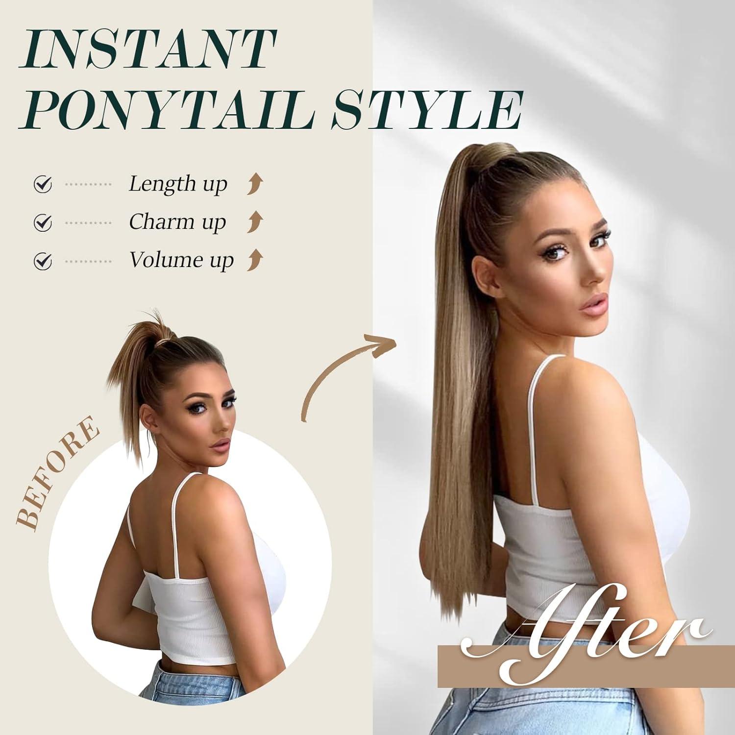 imageFESHFEN Ponytail Extensions 24 Inch Long Straight Wrap Around Synthetic Medium Brown Ponytails Hair Piece Pony Tail Hair Extensions Hairpieces for Women60 Ash Platinum Blonde