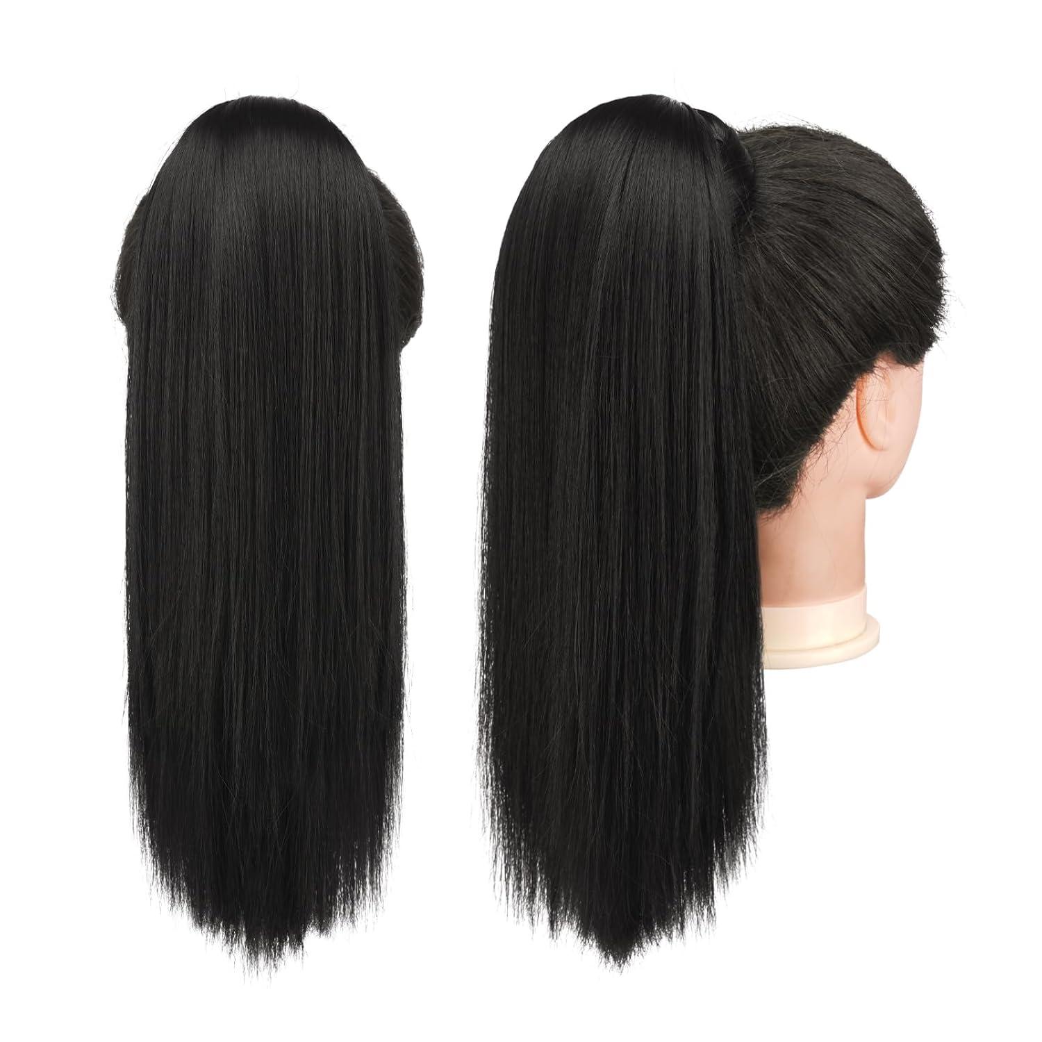 imageFESHFEN Ponytail Extensions 24 Inch Long Straight Wrap Around Synthetic Medium Brown Ponytails Hair Piece Pony Tail Hair Extensions Hairpieces for WomenNatural Black