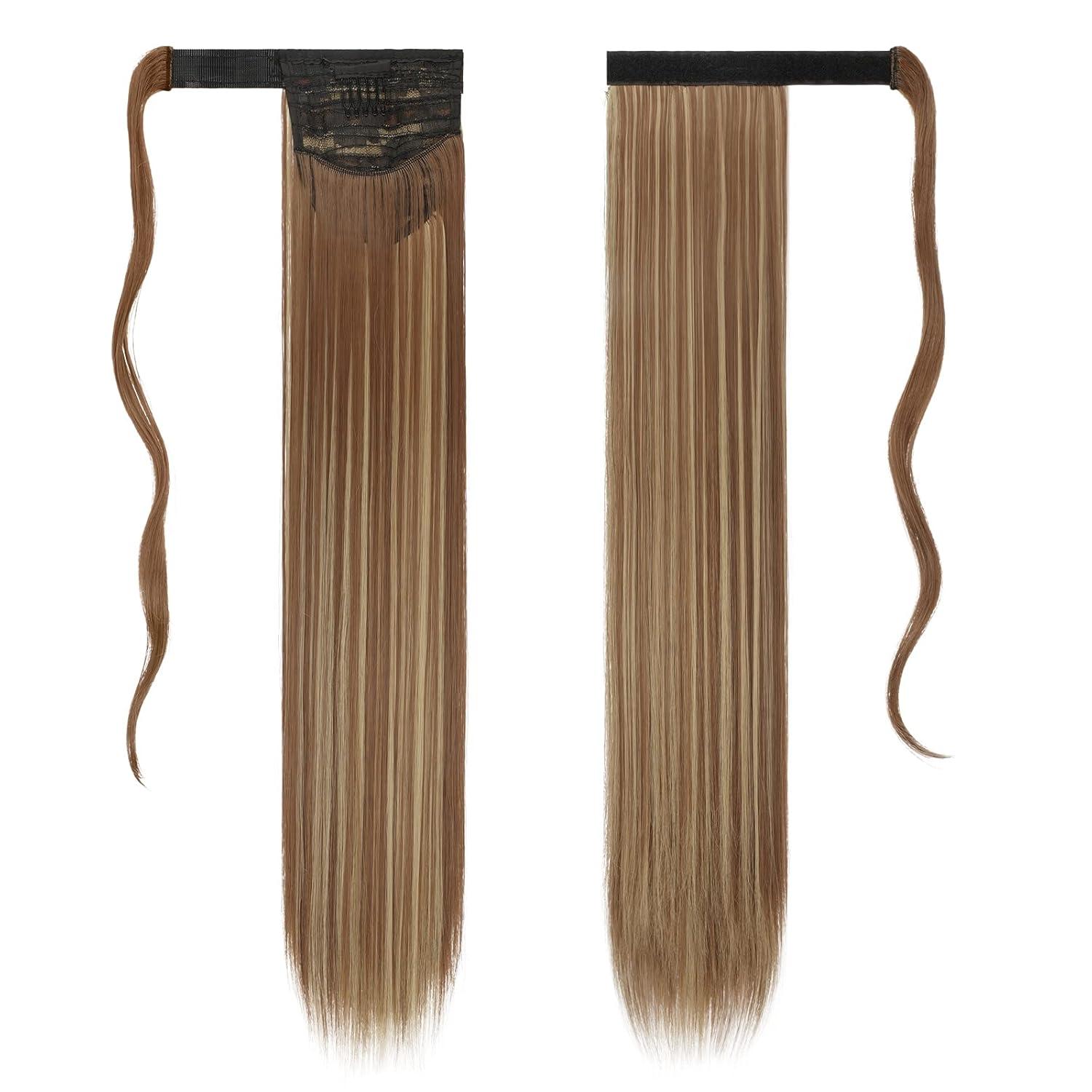 imageFESHFEN Ponytail Extensions 24 Inch Long Straight Wrap Around Synthetic Medium Brown Ponytails Hair Piece Pony Tail Hair Extensions Hairpieces for Women12H24 Brown Blonde