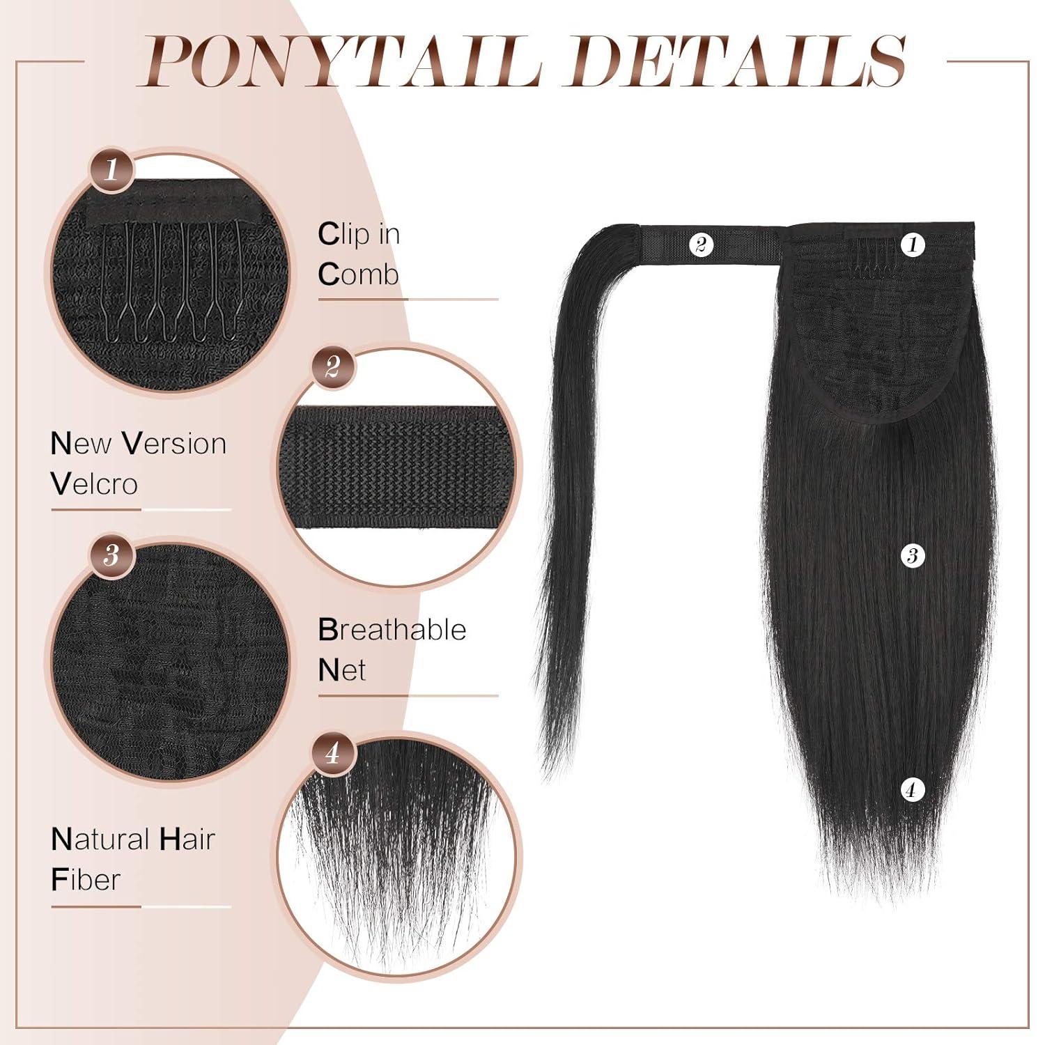 imageFESHFEN Ponytail Extensions 24 Inch Long Straight Wrap Around Synthetic Medium Brown Ponytails Hair Piece Pony Tail Hair Extensions Hairpieces for WomenNatural Black