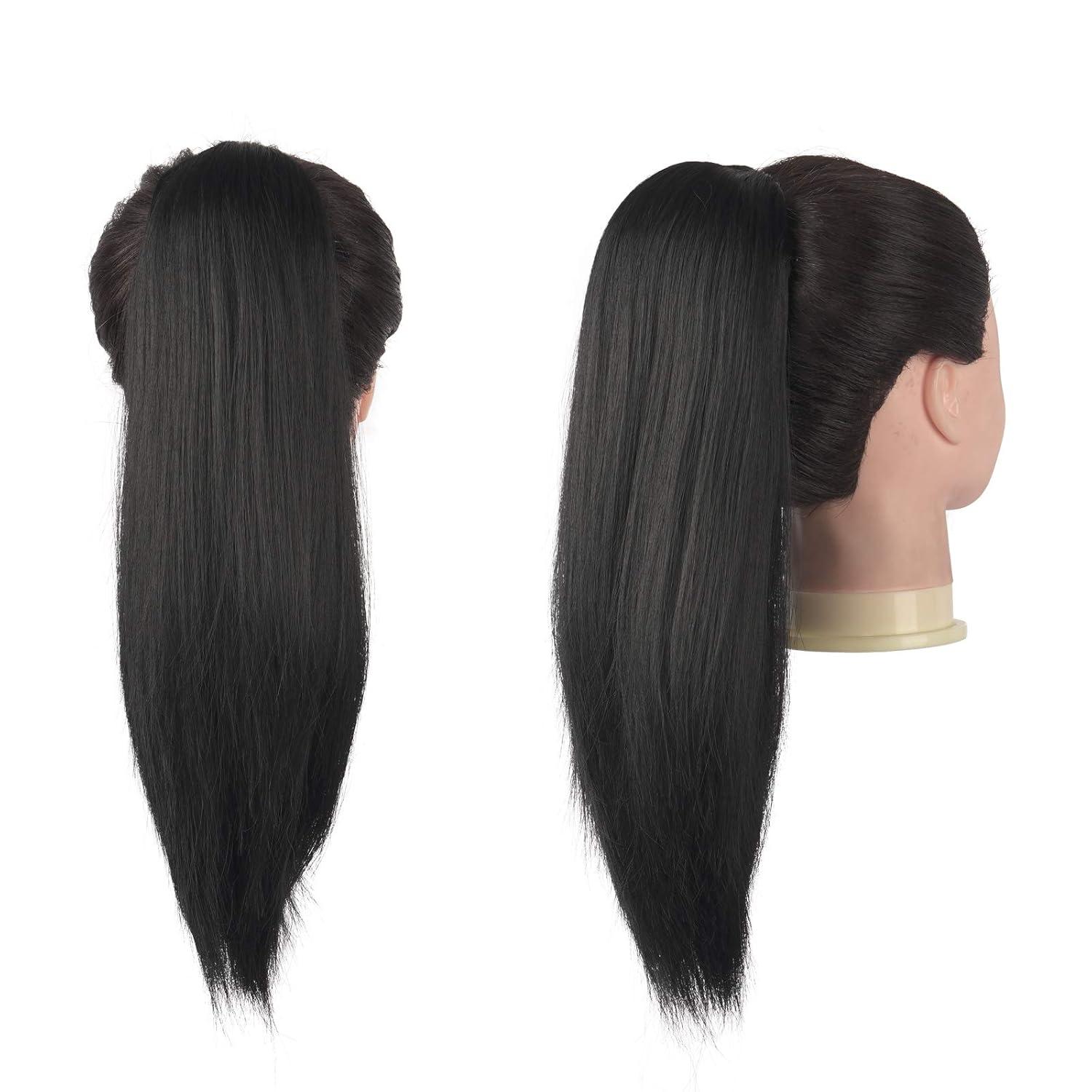 imageFESHFEN Ponytail Extensions 24 Inch Long Straight Wrap Around Synthetic Medium Brown Ponytails Hair Piece Pony Tail Hair Extensions Hairpieces for WomenNatural Black