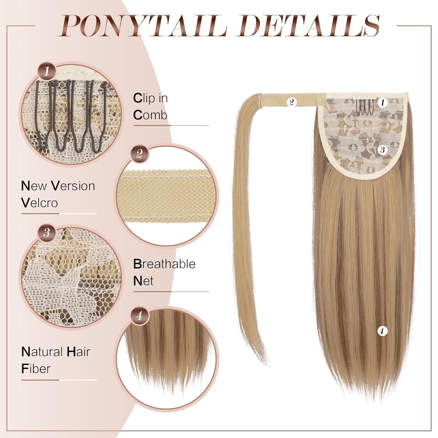 imageFESHFEN Ponytail Extensions 24 Inch Long Straight Wrap Around Synthetic Medium Brown Ponytails Hair Piece Pony Tail Hair Extensions Hairpieces for WomenBrown Mixed Blonde