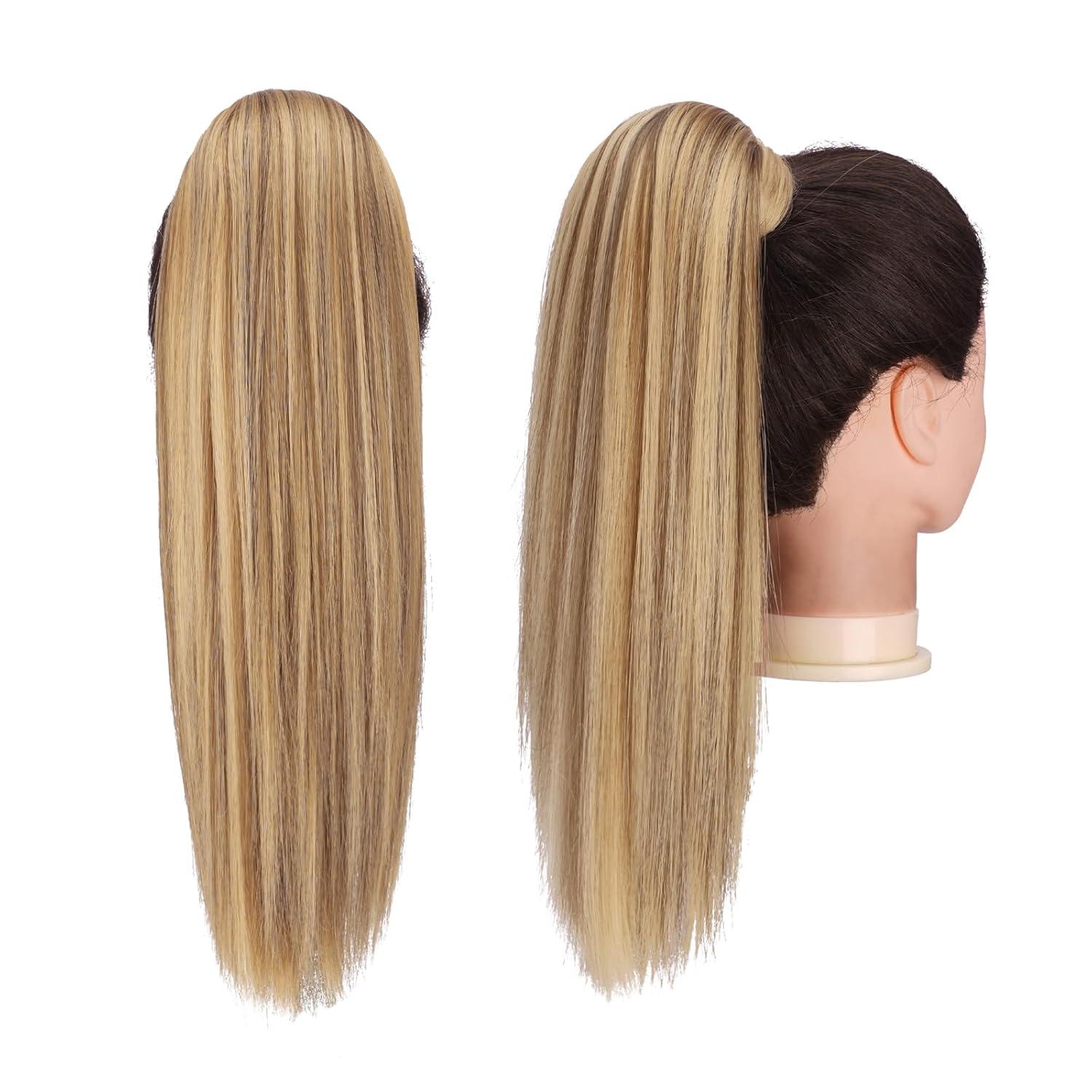 imageFESHFEN Ponytail Extensions 24 Inch Long Straight Wrap Around Synthetic Medium Brown Ponytails Hair Piece Pony Tail Hair Extensions Hairpieces for WomenBrown Mixed Blonde