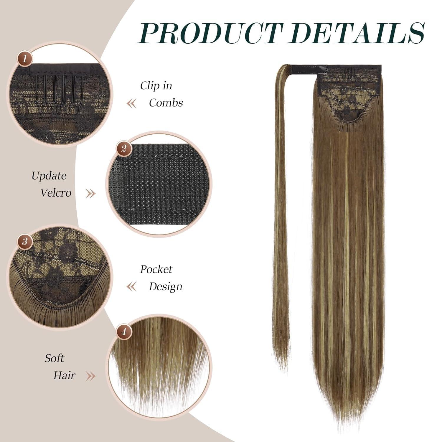 imageFESHFEN Ponytail Extensions 24 Inch Long Straight Wrap Around Synthetic Medium Brown Ponytails Hair Piece Pony Tail Hair Extensions Hairpieces for Women12H29 Light Brown Blonde