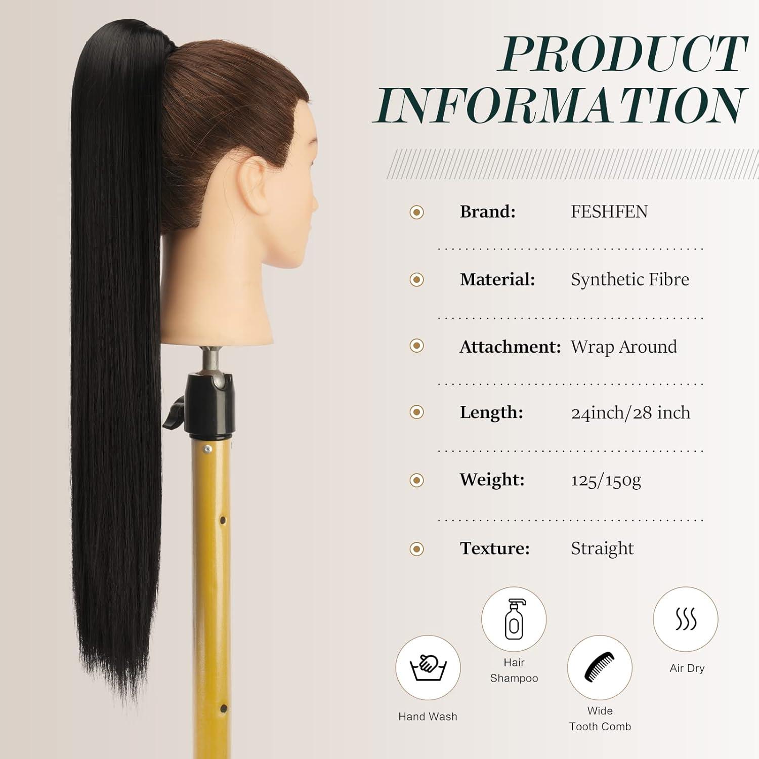 imageFESHFEN Ponytail Extensions 24 Inch Long Straight Wrap Around Synthetic Medium Brown Ponytails Hair Piece Pony Tail Hair Extensions Hairpieces for Women2 Natural Black